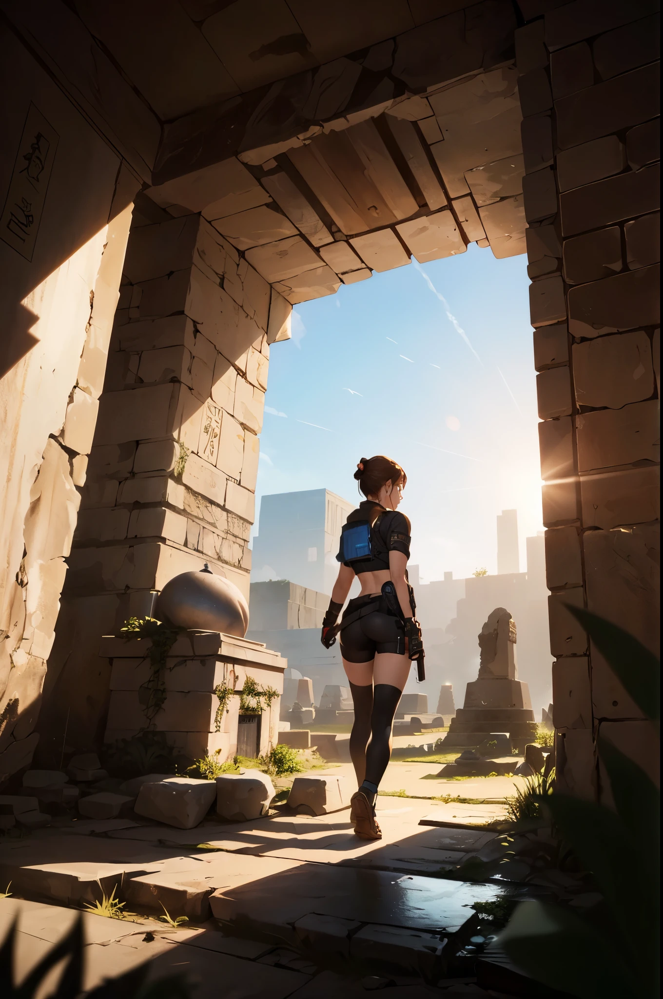 (((Ultra wide angle landscape of the ancient tomb))), a beautiful female adventurer stood in the distance, ((wearing a jill valentine outfit))