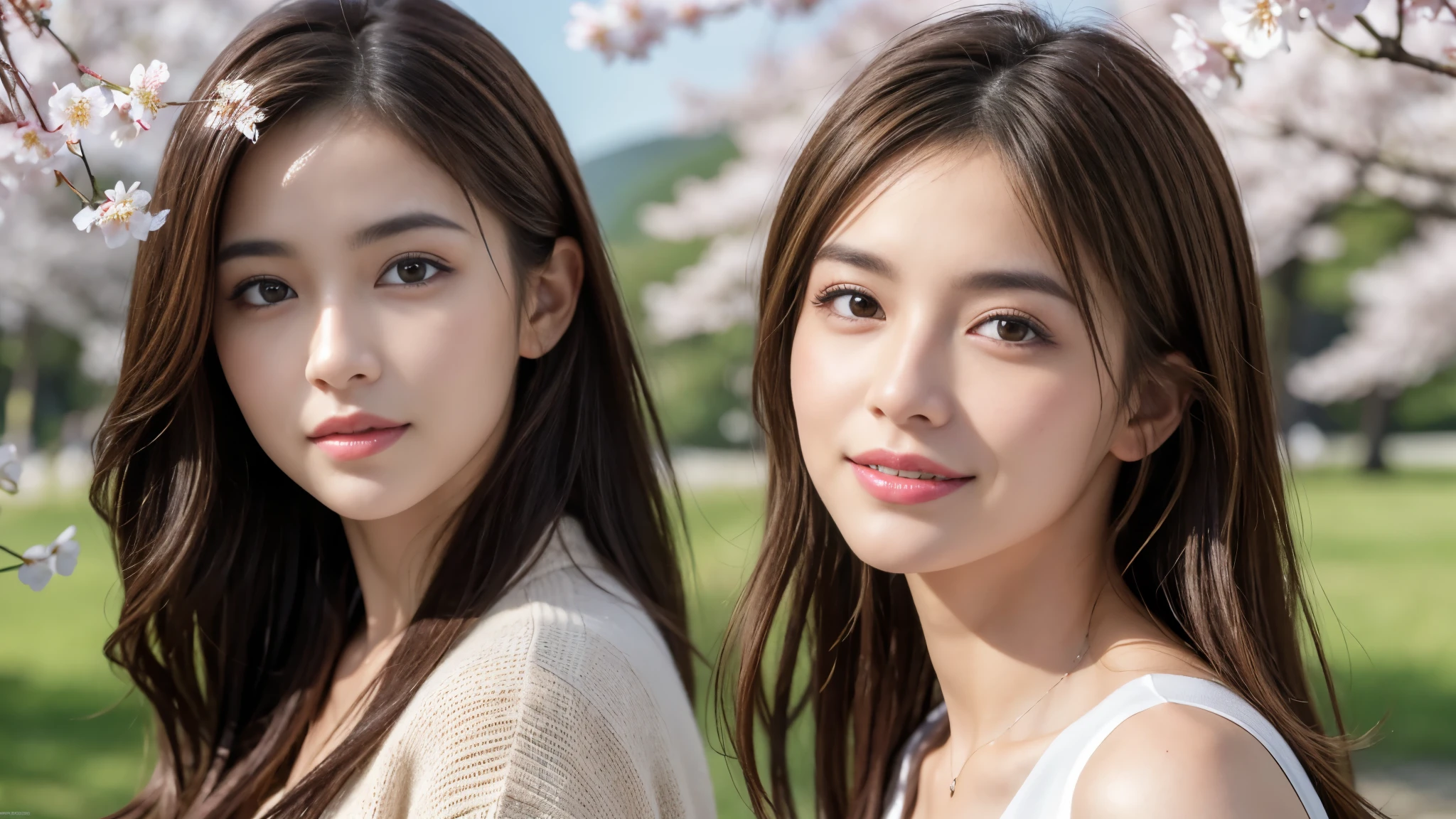 masterpiece, Best Quality, Photorealistic, Ultra-detailed, finely detailed, High resolution, 8K Wallpaper, 1 beautiful woman, light brown hair, foco nítido, Perfect dynamic composition, Beautiful detailed eyes, detailed hairs, Detailed realistic skin texture, Smiling, portrait, Model body type, Take a walk in the park with cherry blossoms and Fuji mountain background,
