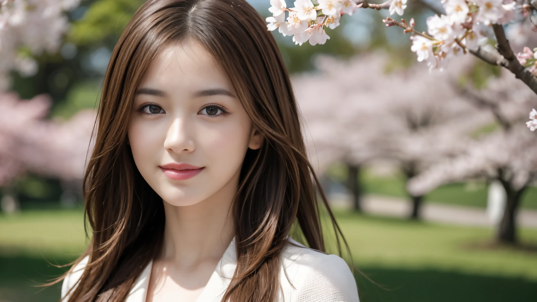 masterpiece, Best Quality, Photorealistic, Ultra-detailed, finely detailed, High resolution, 8K Wallpaper, 1 beautiful woman, light brown hair, foco nítido, Perfect dynamic composition, Beautiful detailed eyes, detailed hairs, Detailed realistic skin texture, Smiling, portrait, Model body type, Take a walk in the park with cherry blossoms and Fuji mountain background,