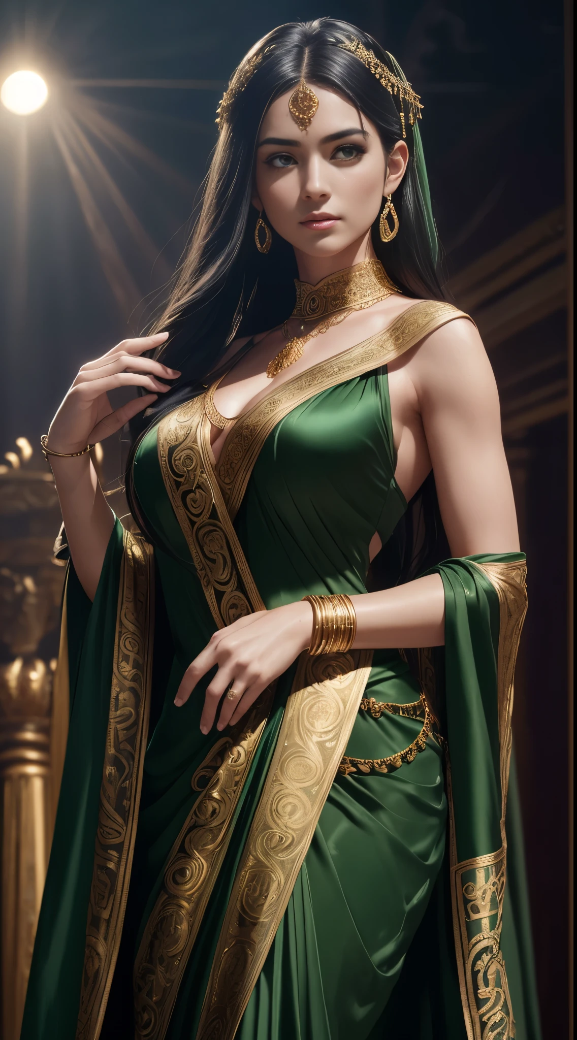 Photorealistic Production, (A beautiful 25 years old female Model:1.4), (Half Body Shot), (Long black hair), (Wearing Green colored Revealing Greek Maiden Outfit with Flowing Silk Cloth and Detailed Golden Jeweleries:1.4), (fashion show stage with audiences on the background:1.4), (centered, view from front:1.4), (pale skin:1.2), (busty cup size:1.2), (Athletic Body Builds:1.2), (detailed shiny skin), (serious face), (Catwalk Pose), Intricate Face Detail, Intricate Hand Details, (Chiaroscuro Lighting:1.4), Cinematic Shot and Lighting, Realistic Colors, Masterpiece, Sharp Focus, Ultra Detailed, Ultrarealistic Photography, (Canon EF F/1.2L 100mm Lens), Depth of Field, Incredibly Realistic Environment and Scene, Master Composition and Cinematography rad dress