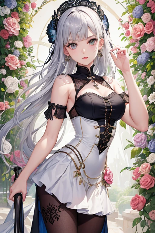 (Finest quality)),(超A high resolution),(ultra-detailliert),(Meticulous portrayal),((best pictures)),(Finest works of art),Ultra-Precision Art,The art of astounding depiction, Fashion art:1.5, Corset Dresses,耳Nipple Ring,a necklace,the ring,Surrounded by flowers,breezing