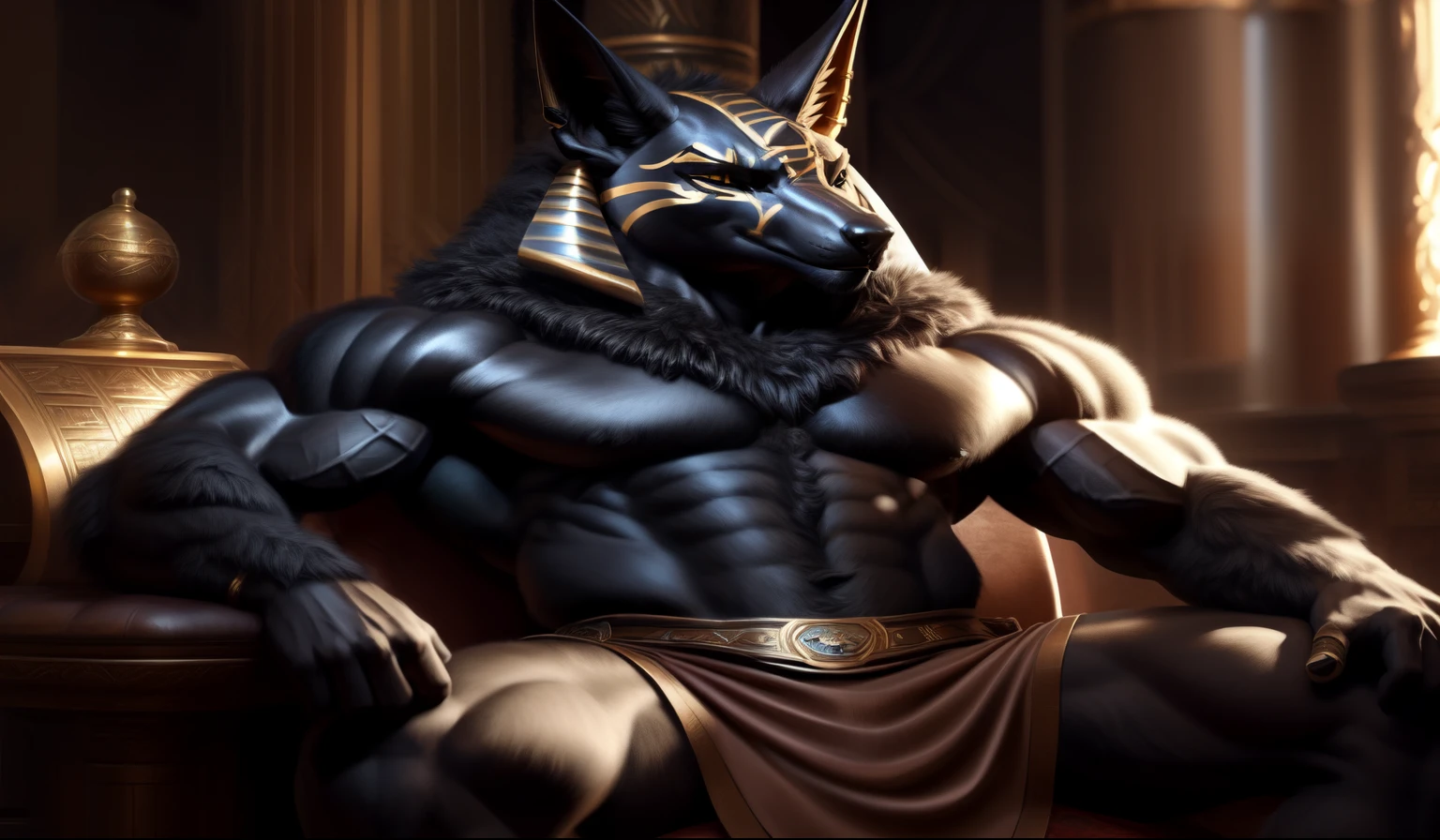 ((actual)), Upload to e621, by Garmash,Ruan Jia, black gem, Humanity, male, ((( Fine fluffy fur))), ((sitting)), detailed actual painting, (((biceps))), (((shadow))) Extreme details, ((Anubis)), loincloth, black body, Jackal, muscular
