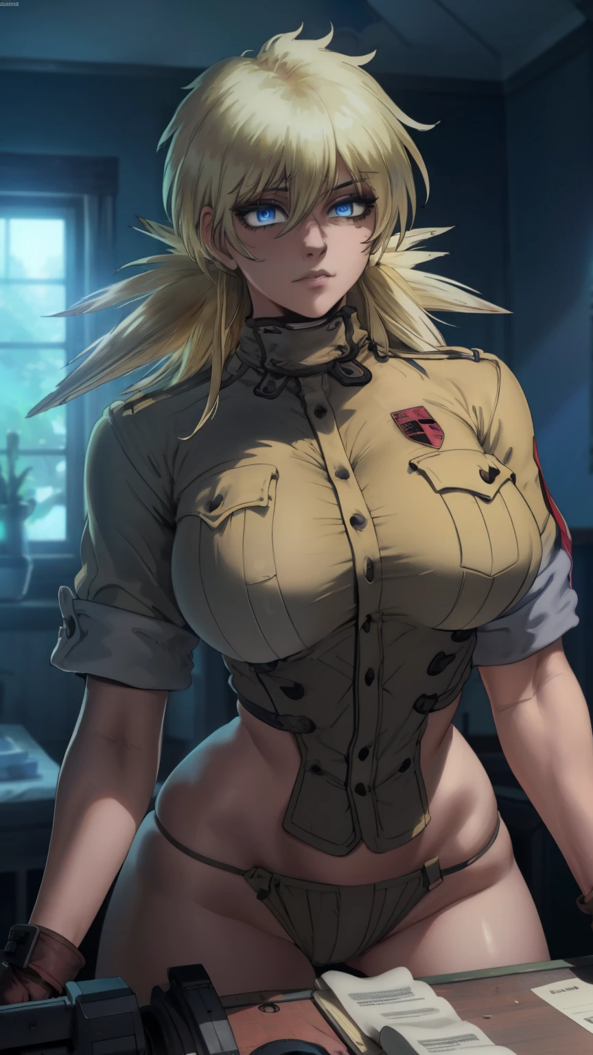 (masterpiece, highest quality, best quality, official art, beautiful and aesthetic: 1.2), (1girl), extremely detailed, (fractal art: 1.3), colorful, highest detailed, perfect face, upper body, HDR, ), vivid visual effects, (dynamic stripes, luminous traces: 1.2), long blonde hair, hellsing, integra, breast focus, breasts, large breasts, bare breasts, naked, nude, boob window, sexy, wide hips, thicc figure, Detailed blue eyes, Detailed face, Detailed eyes, BLACKED, BLACKED UNDERWEAR, BLACKED PORNO