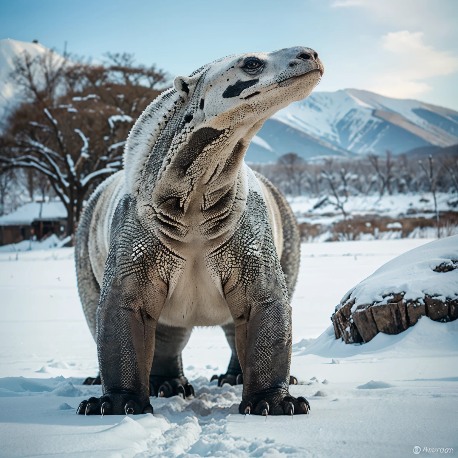 Komodo dragon combined with a polarbear, realistically detailed 