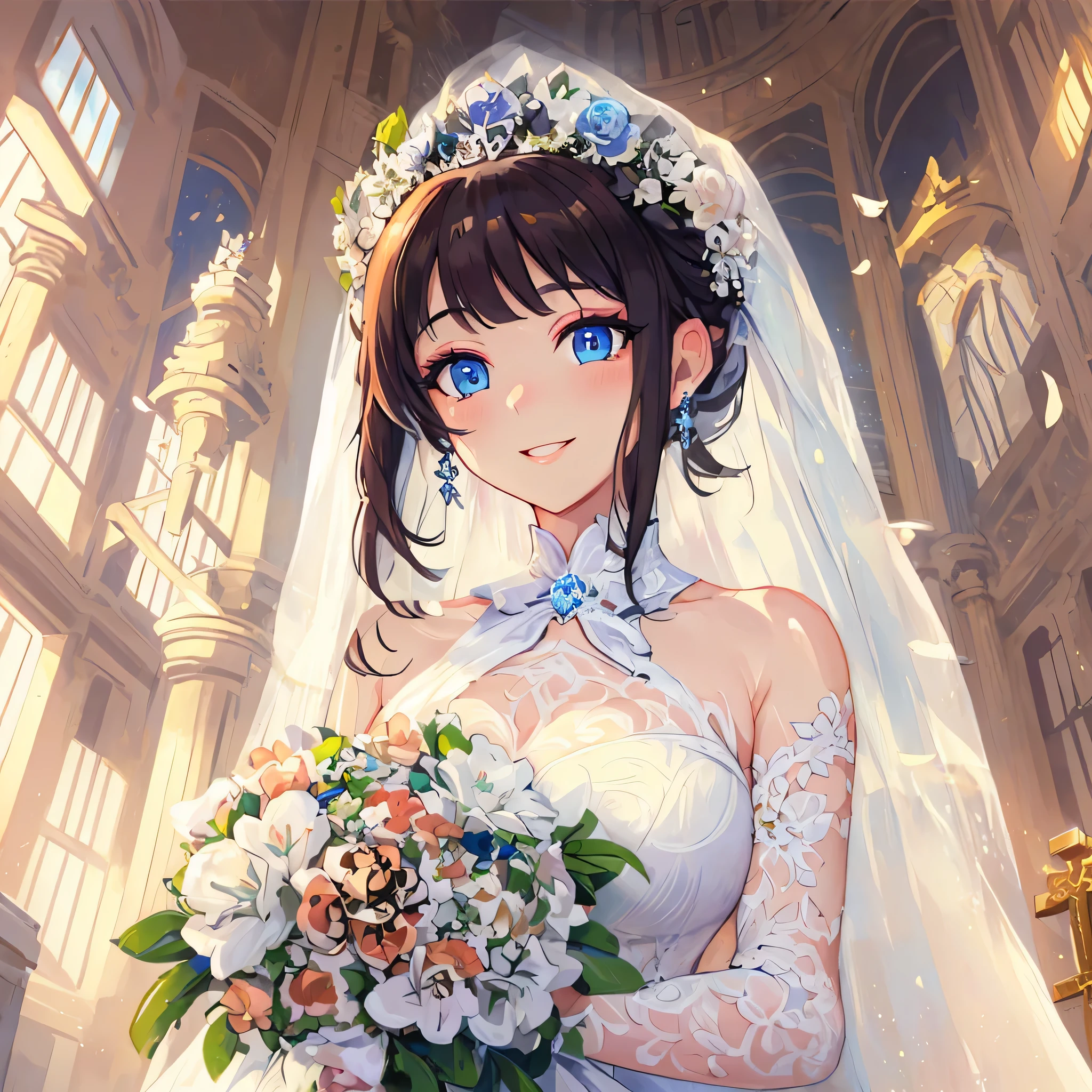 masterpiece, highest quality,figure,,blue eyes,slanted eyes,super dense skin,,detailed and beautiful eyes,highlight,mouth,smile,princess-Line Wedding dress,church,Wedding dress,bouquet