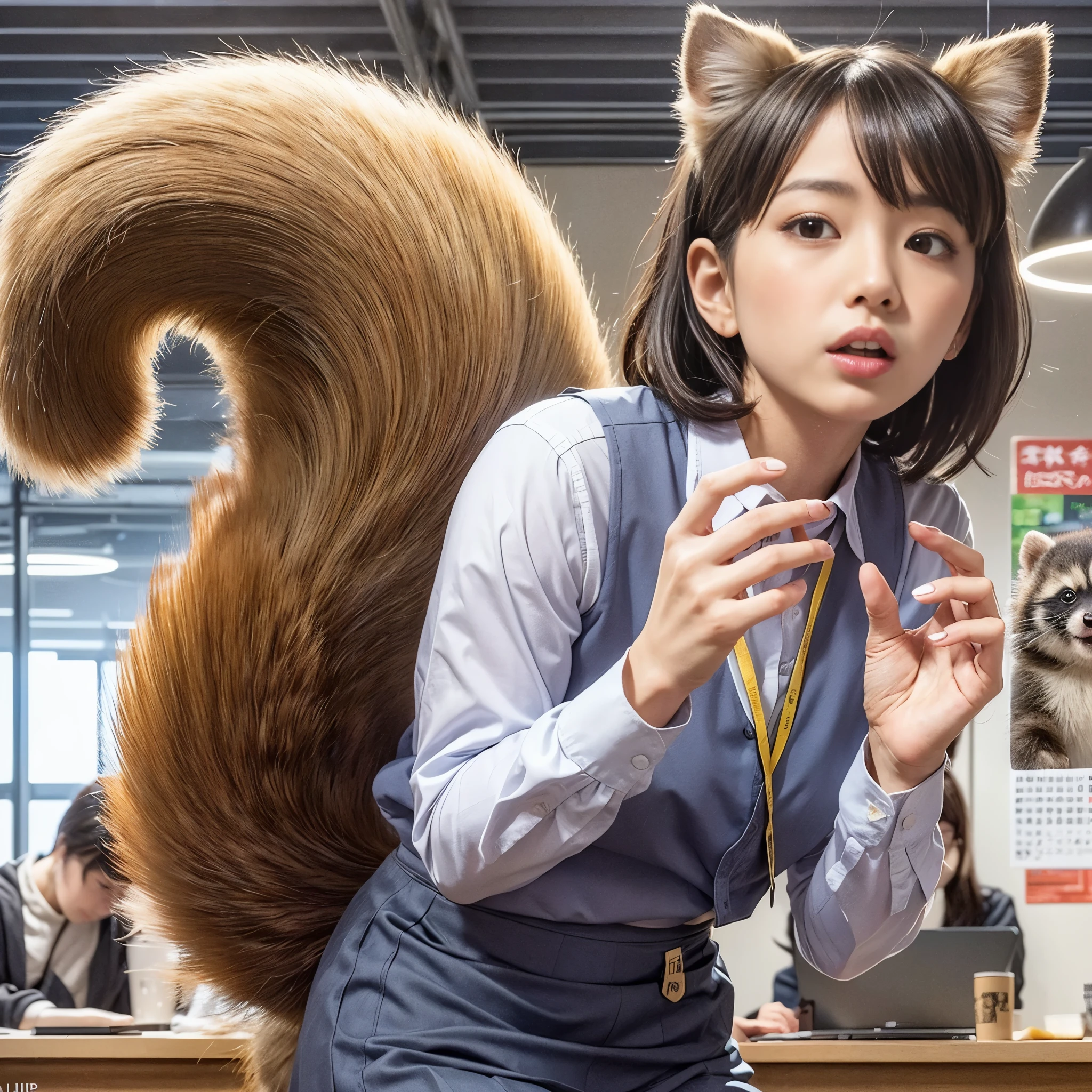 women with a tanuki tail, (software) safe for work, fur with tail, software version, colleague, realistic style, , realistic style , beautiful girl, photograph, 最high quality, (Her skirt is flipped up and her tail is visible.:1.8) ,Reality, small breasts, slender, white panties,tail from above panties, tail from inside the skirt, bushy tail, realistic tail, flat chest, (software) safe for work, nffsw, retina, muste piece, Accurate, anatomically correct, super detail, advanced details, high quality, 最high quality, High resolution, 1080p, 4k, 8K, The tail is sticking out from inside the skirt, long tail, be surprised to see the tail, eight-headed body, small face, blush, Red cheeks