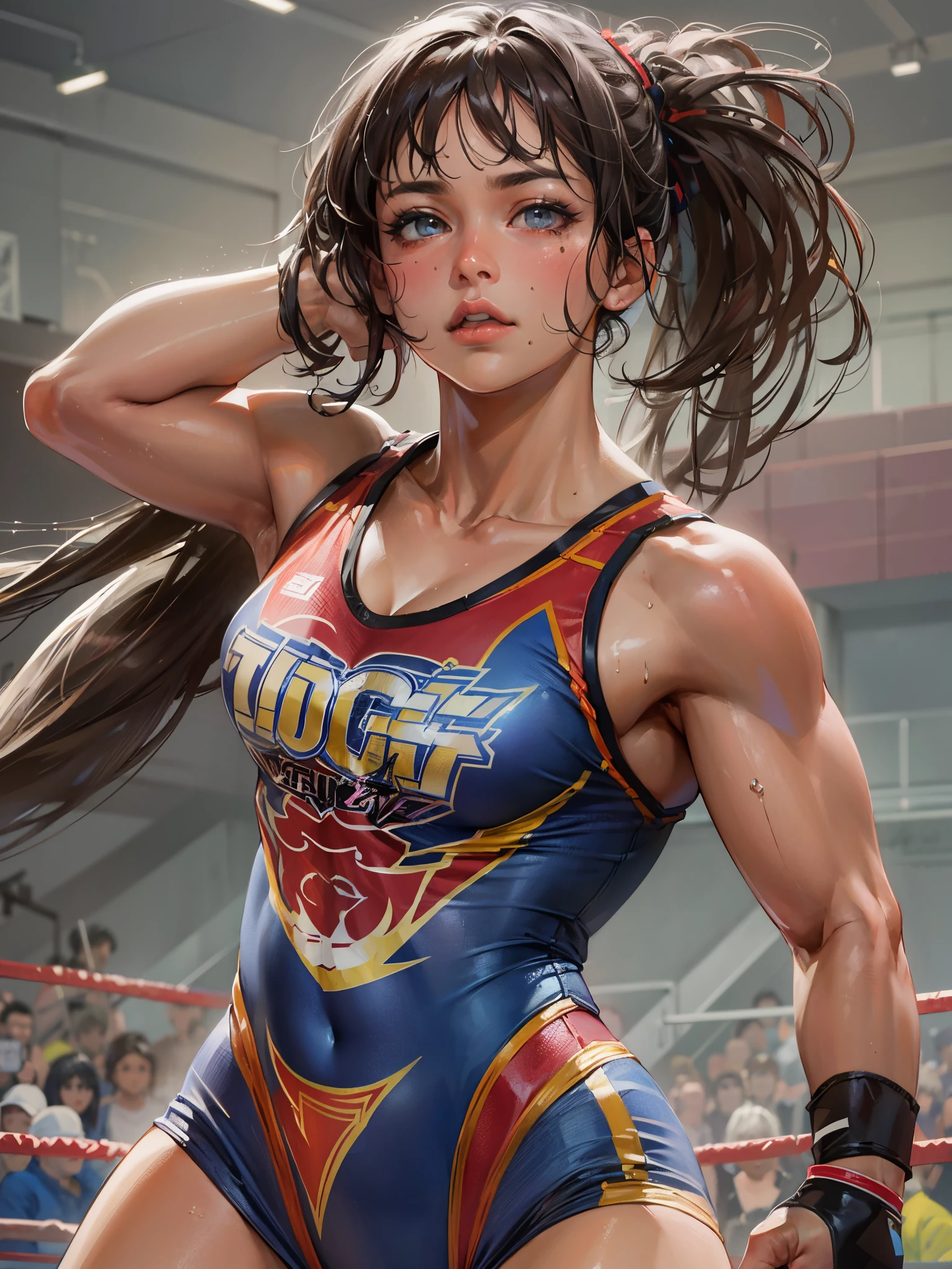 high quality,HD,16k,sharp lines,1 girl,Female wrestling athlete ,cute face, medium breasts, nice legs,At the wrestling venue,focus girl,detailed beautiful face,detailed clothes,beautiful eyes,cool,dynamic angle