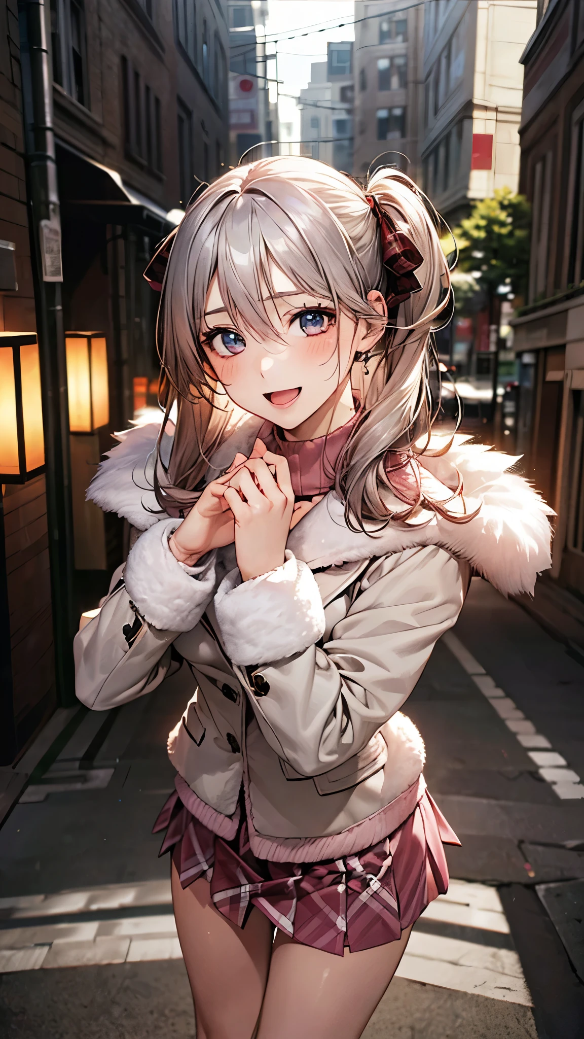 (masterpiece:1.2, top-quality), (realistic, photorealistic:1.4), beautiful illustration, (natural side lighting, movie lighting), nsfw,
looking at viewer, 1 girl, japanese, high school girl, perfect face, cute and symmetrical face, shiny skin,
(middle hair:1.5, (two side up:1.2), silver hair), hair between eyes, big eyes, blue eyes, long eye lasher, (medium breasts), slender, dark red hair ribbon,
beautiful hair, beautiful face, beautiful detailed eyes, beautiful clavicle, beautiful body, beautiful chest, beautiful thigh, beautiful legs, beautiful fingers,
((long sleeve white fur jacket, pink sweater, burberry check mini skirt)),
(beautiful scenery), evening, (street), standing, outstretched arms, (lovely smile, open mouth),