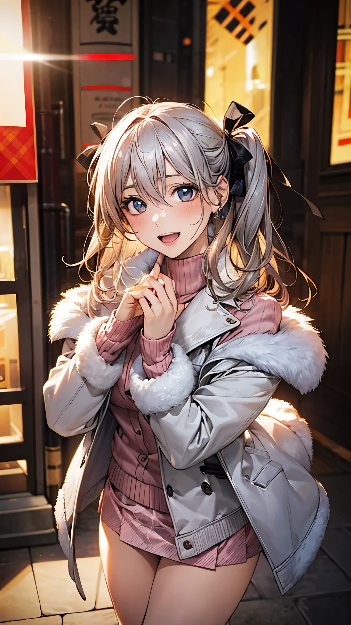 (masterpiece:1.2, top-quality), (realistic, photorealistic:1.4), beautiful illustration, (natural side lighting, movie lighting), nsfw,
looking at viewer, 1 girl, japanese, high school girl, perfect face, cute and symmetrical face, shiny skin,
(middle hair:1.5, (two side up:1.2), silver hair), hair between eyes, big eyes, blue eyes, long eye lasher, (medium breasts), slender, dark red hair ribbon,
beautiful hair, beautiful face, beautiful detailed eyes, beautiful clavicle, beautiful body, beautiful chest, beautiful thigh, beautiful legs, beautiful fingers,
((long sleeve white fur jacket, pink sweater, burberry check mini skirt)),
(beautiful scenery), evening, (street), standing, outstretched arms, (lovely smile, open mouth),