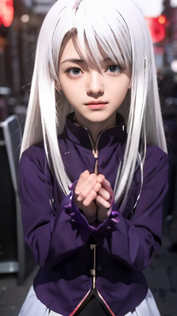 anime girl with long white hair and purple outfit standing in front of a red light, anime style like fate/stay night, gapmoe yandere grimdark, anime visual of a cute girl, portrait gapmoe yandere grimdark, anime moe artstyle, fate stay night, still from anime, fate / stay night, gothic maiden anime girl, white haired deity