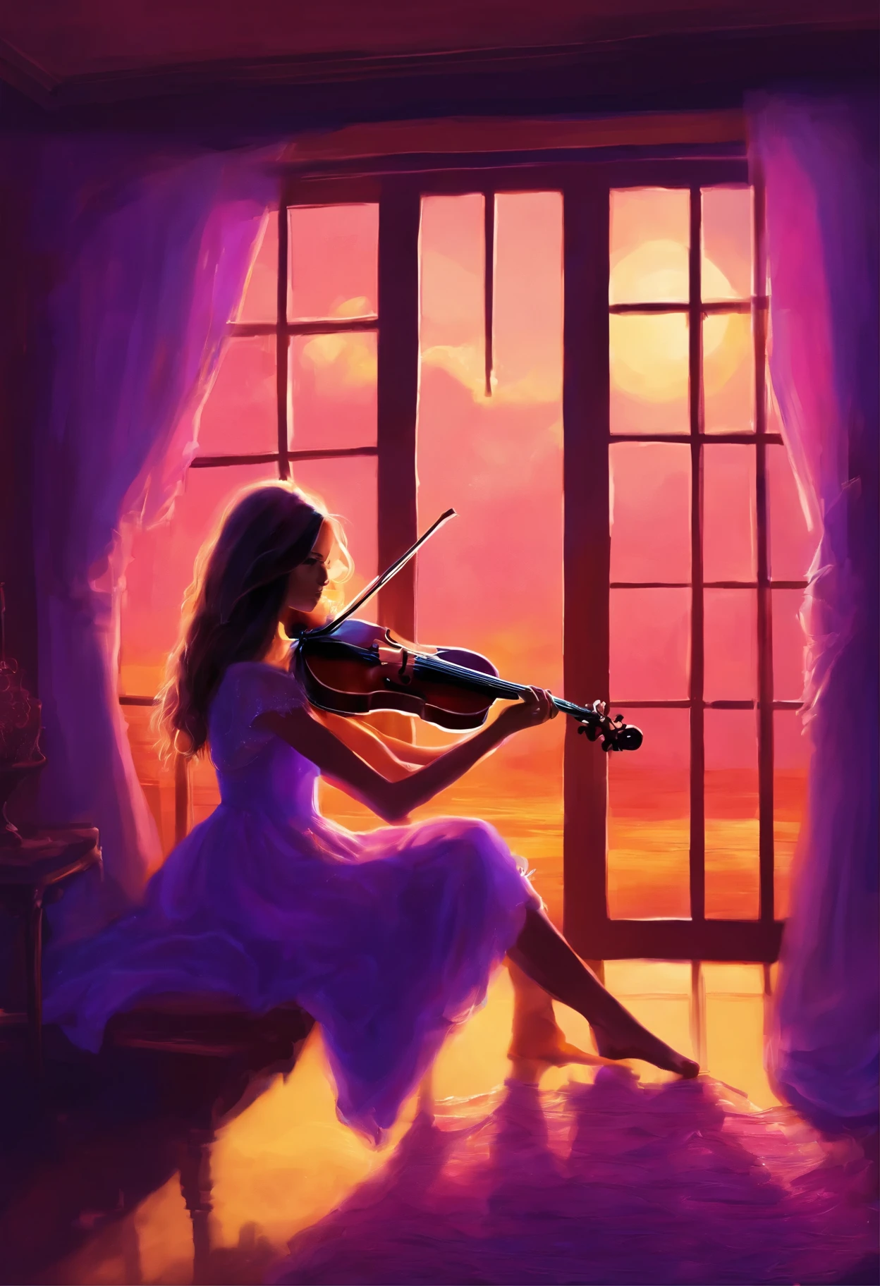 Girl playing violin, sitting in window, dark room sunset in background, purple sky, long shadow od girl on the floor