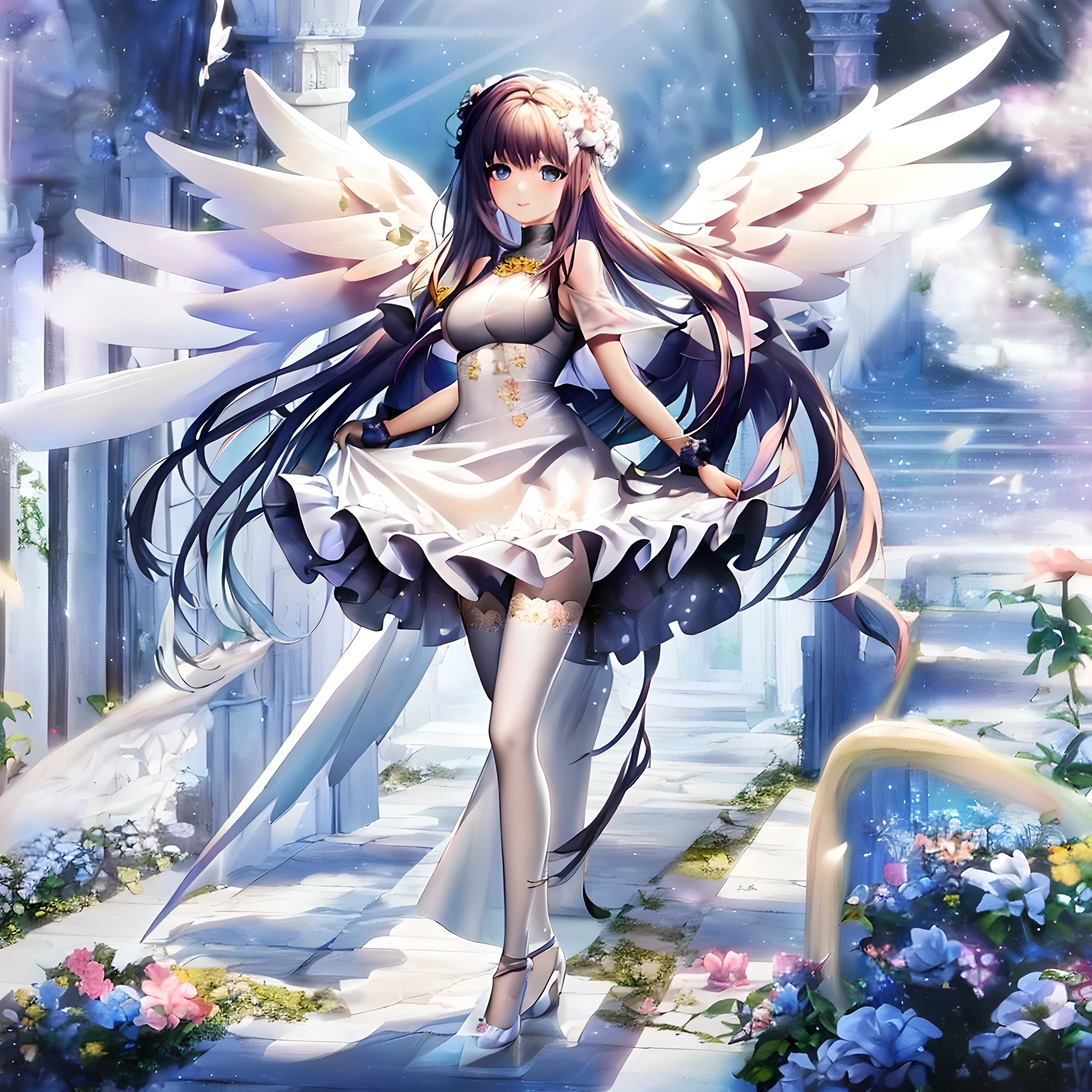 Anime girl with angel wings and white dress in the garden, beautiful fantasy anime, full body angel, pure like an angel, of an beautiful angel girl, anime goddess, angel knight girl, beautiful angel, angel knight gothic girl, anime fantasy artwork, anime art wallpaper 4k, anime art wallpaper 4k, angel girl, anime fantasy illustration