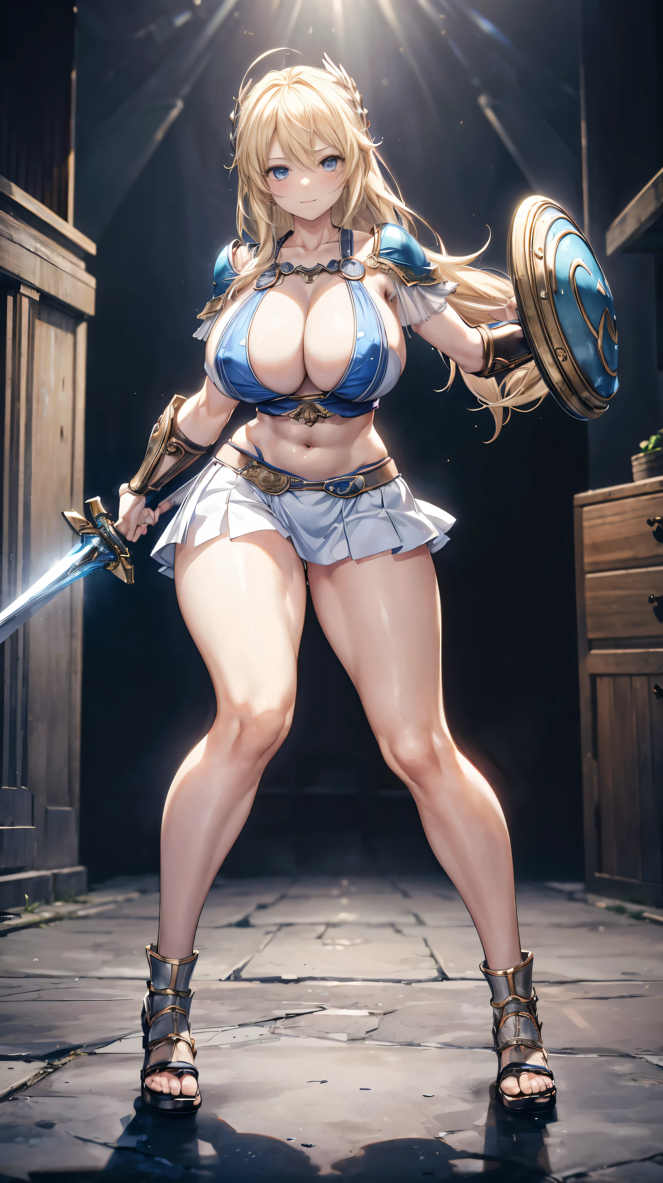 sensual, long blonde hair, thick thighs, 8k, 4k, highest quality, High resolution:1.2), cute anime face, noise reduction, shining blue eyes, gentle smile, gentle eyes、toned abdominal muscles, muscular arms, muscular legs, young face, anime eyes, (((big breasts、A chest that is about to burst)))、(((sophistry、Equipped with sword and shield)))、(((full body style)))