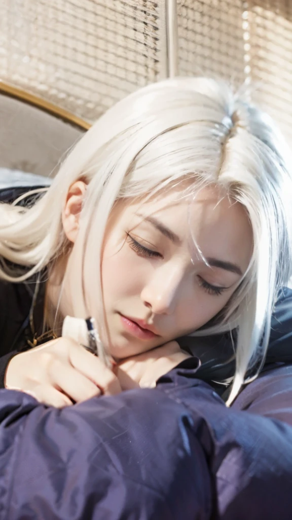 anime girl sleeping on a bed with her eyes closed, today's featured anime still, ueshiba riichi, hajime yatate, shikamimi, white haired deity, anime style like fate/stay night, an exhausted deity, relaxed dwarf with white hair, still from anime, fate / stay night, , sleepy expression
