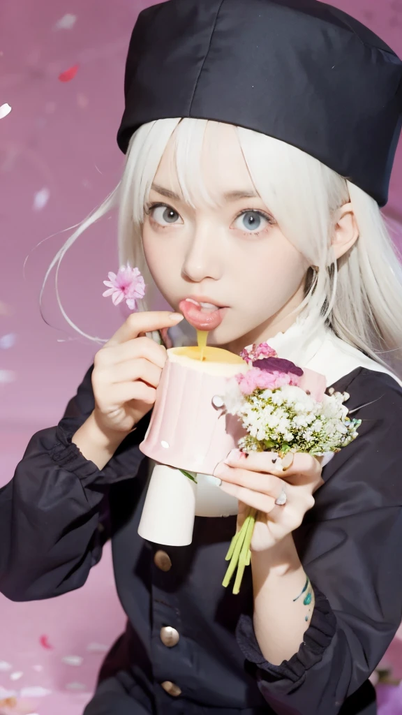 anime girl with a hat and a bouquet of flowers, yuruyuri, anime hi-fructose, anime food, ****sh, shikamimi, , hajime yatate, nightcore, hanayamata, senko-san, official artwork, yoko taro, white haired deity, anime visual of a cute girl, eating cakes