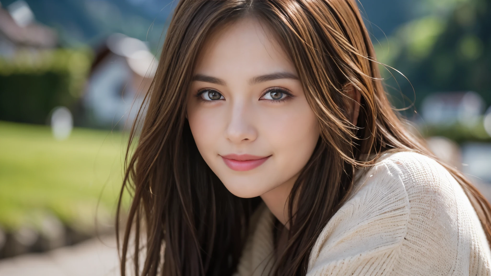 masterpiece, Best Quality, Photorealistic, Ultra-detailed, finely detailed, High resolution, 8K Wallpaper, 1 beautiful woman, light brown hair, Perfect dynamic composition, Beautiful detailed eyes, detailed hairs, Detailed realistic skin texture, Smiling, portrait, Model body type, The background is the village of Grindelwald, Switzerland,
