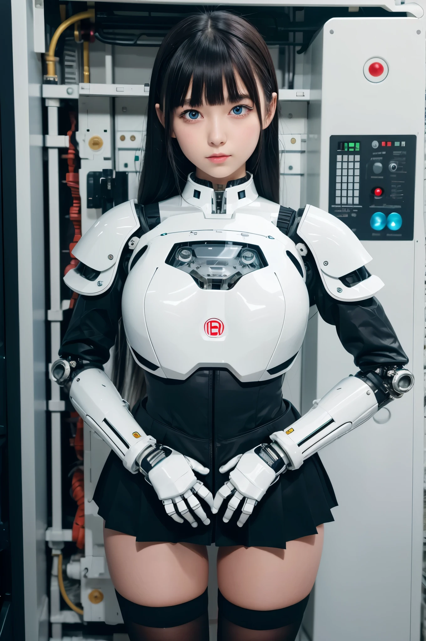 masterpiece, best quality, extremely detailed, Japanese android girl,Plump ,control panels,Mechanical Hand,Robot arms and legs, robot assembly plant,white robot body,blunt bangs,skirt,black knee high socks,blue eyes