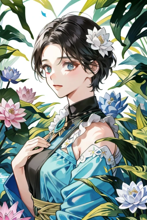 (Meisterwerk:1.2, best quality), (echtes Bild, Komplizierte Details), (1Dame, Allein, upper body:1.2), Colorful garden with big tits, with blooming flowers of all shapes and sizes. The air is thick with the sweet scent of roses and jasmine. Ein kleiner Teich schimmert im Sonnenlicht, its surface is strewn with water lily leaves. In der Ferne, ein Pfauenpaar stolziert umher, Ihre Federn glitzern in der Sonne. Bienen summen umher, It pollinates the flowers and adds to the vibrant energy of the scene