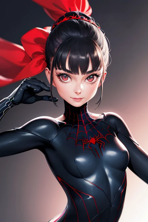 best quality,Spiel cg,1girl, Meisterwerk, best quality, 8 Tausend, detaillierte Hautstruktur, detaillierte Stoffstruktur, nice detailed face, Komplizierte Details, Ultradetailliert, Audrey Hepburn, Spider-Man-Uniform, glattes rotes Haar, (Half body:1.2)