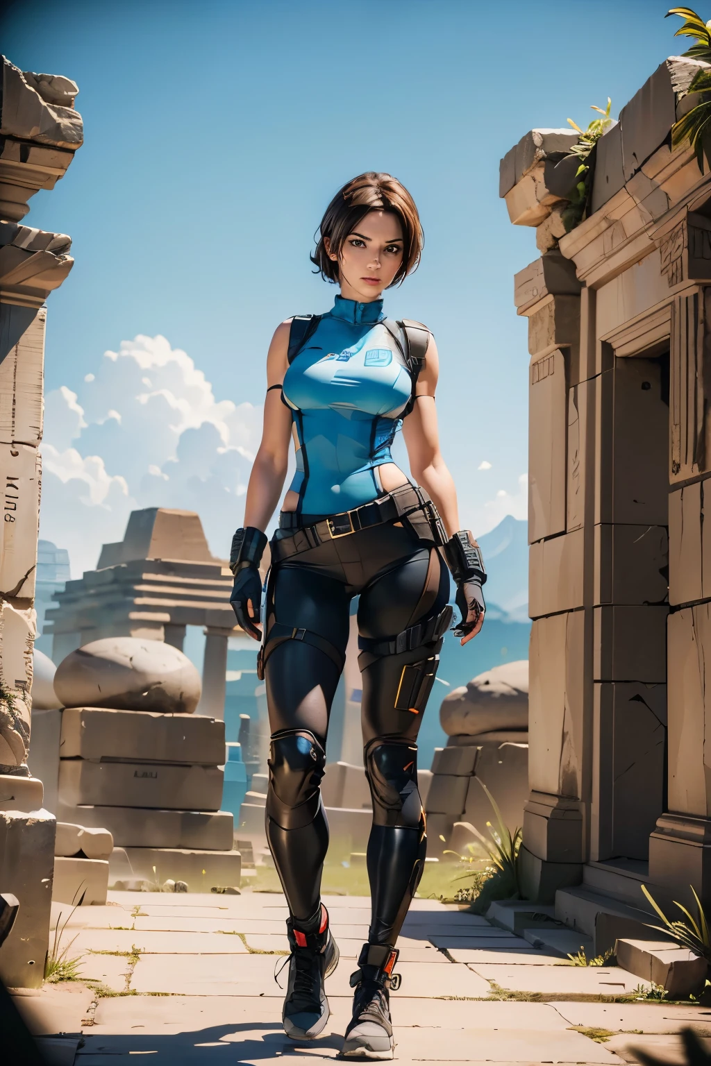 (((Ultra wide angle landscape of the ancient tomb))), a beautiful female adventurer stood in the distance, ((wearing a jill valentine outfit))