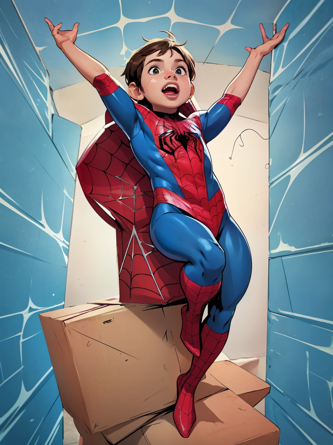 Cinematic Spider-Verse style. Comic art. TME0224 face, (((a baby boy, ***))), wearing a spider-man costume. super hero in epic pose. (((Comic Spider-web background))). cinematic lighting, drop shadow, masterpiece, UHD, anatomically correct, textured skin, super detail, high details, high quality, best quality, 4K