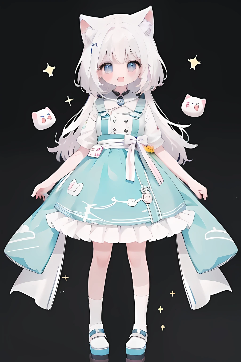 anime full body visual illustration,best quality, expressive eyes, perfect face, cute , 1girl, looking at front viewer, arms at sides, concert art, no background, streaked hair, white hair, , full body, cat ears , pink sclera, three sided view, smile open mouth, no tail, marshmellow blue and white dress, virtual youtuber, standing pose
