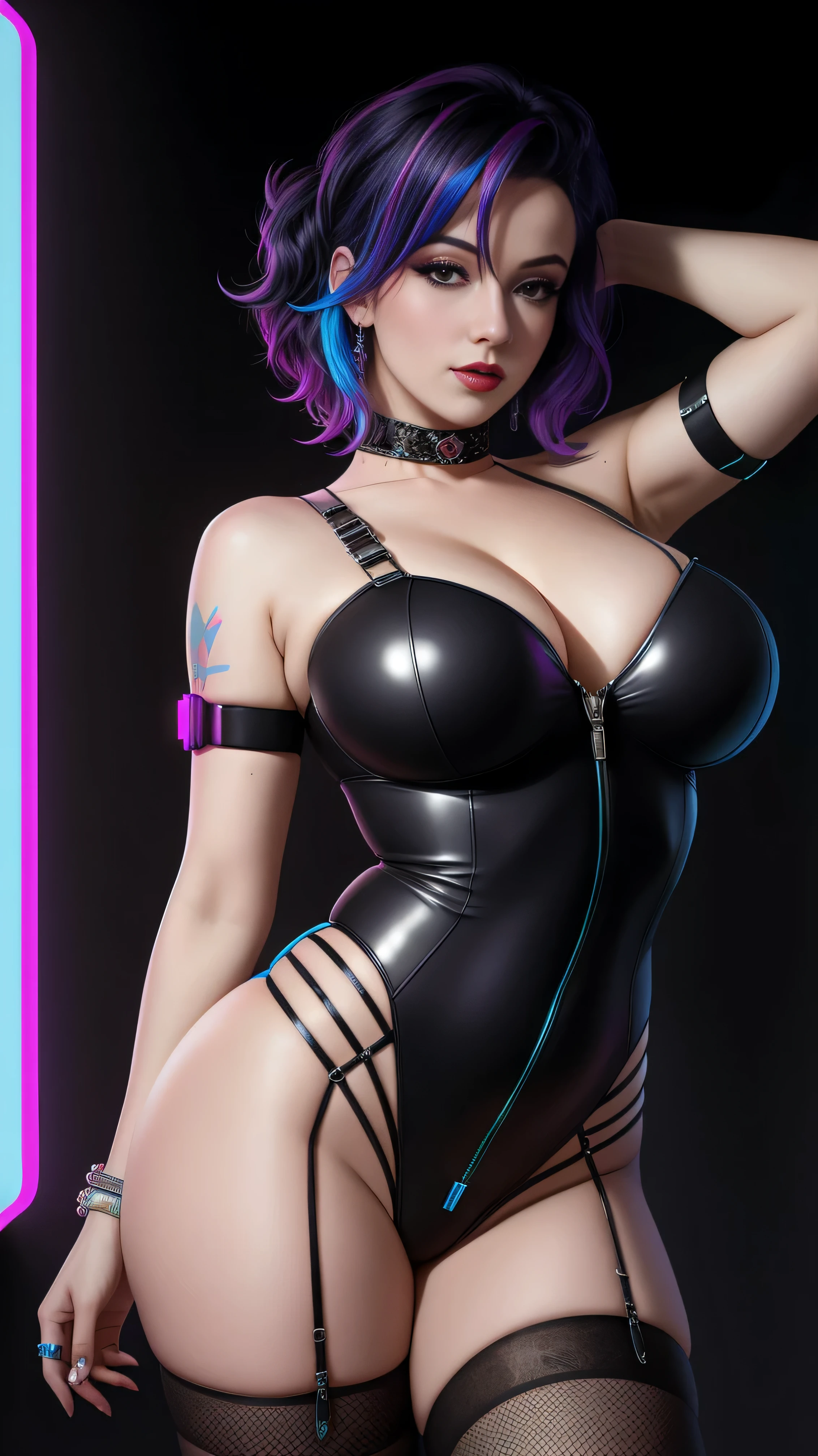 Marilyn Monroe, royal blue and bright purple neon streaked hair, 3 d neon art of a womans body, neon-noir background, cyberpunk femme fatale, seductive cyberpunk dark fantasy, cyberpunk strip clubs, cyberpunk 20 y. o model girl, oppai cyberpunk, banner, high definition cgsociety, cgsociety masterpiece, trending on cgstation, kda, random hair, looking at camera, gigantic breasts, cleavage, (high detailed skin:1.2), 8k uhd, dslr, super lighting, high quality, film grain, high res, highly detailed, hyper realistic, beautiful face, beautiful body, beautiful eyes nose lips, alluring expression, pale translucent glowing skin, most beautiful face, cute, (dark plain black background:1.4))