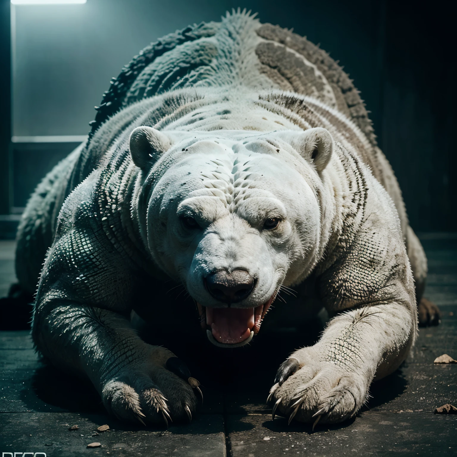 Polarbear combined with a komodo dragon, scary, body of the bear, scales all over, komodo dragon tongue sticking out, venom drooling out his mouth, super realistic
