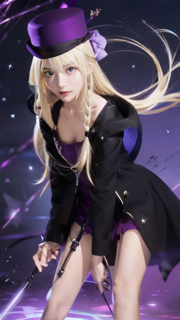 anime girl in a black coat and hat with a purple background, anime style like fate/stay night, anime girl wearing a black dress, anime visual of a cute girl, in dress, blonde anime girl with long hair, light novel cover art, female anime character, gothic maiden anime girl, inspired by Li Chevalier, marisa kirisame