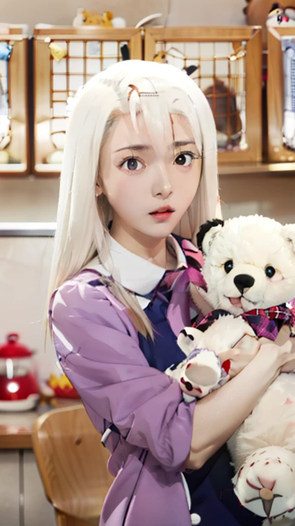 anime girl with white hair holding a teddy bear and stuffed animals, anime visual of a cute girl, anime girl named lucy, anime best girl, senko-san, still from tv anime, still from anime, today's featured anime still, screenshot from the anime film, anime style like fate/stay night, young anime girl, shikamimi