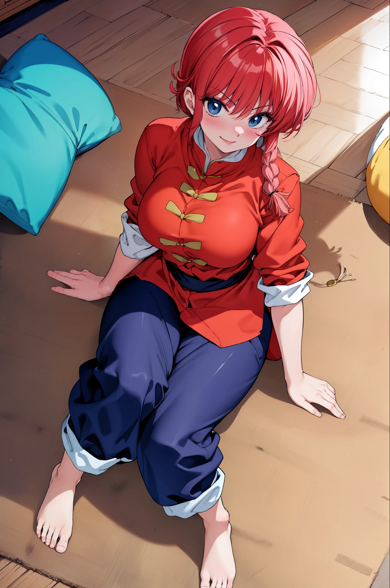 master piece, best quality, 8k, ultra high resolution, highest quality, anime style, best writing, beautiful face, Ranma-chan、Sit on a cushion, put your hand between your legs、girl sitting, solo、blush, best smile, single braid、ranma red shirt、black pants, take off shoes, barefoot, indoor, inside the room, masterpiece、details face、Details、high resolution、Face up, From above, Peel the top