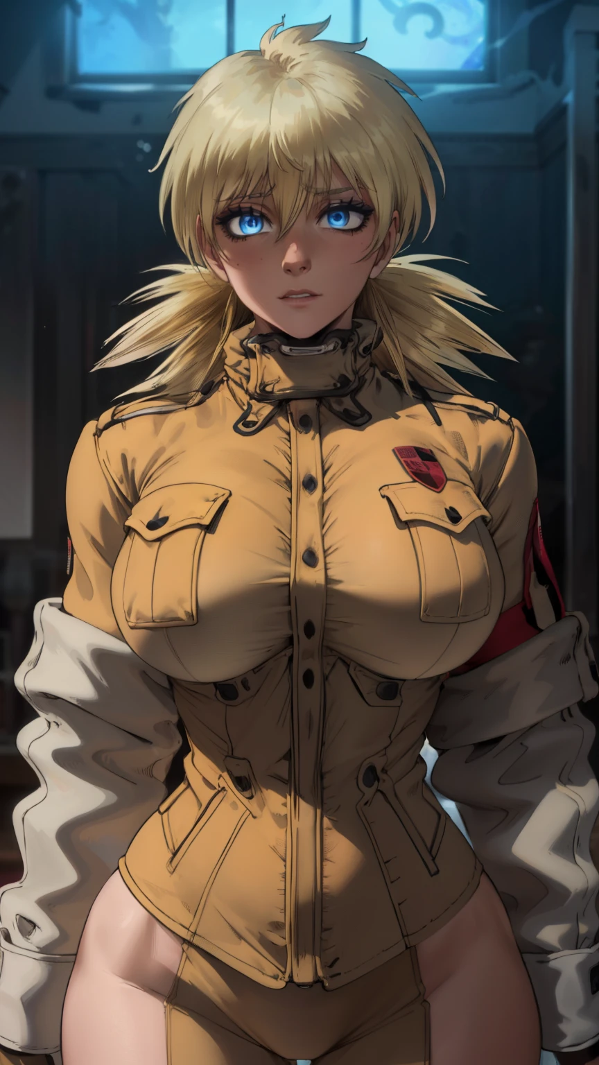 (masterpiece, highest quality, best quality, official art, beautiful and aesthetic: 1.2), (1girl), extremely detailed, (fractal art: 1.3), colorful, highest detailed, perfect face, upper body, HDR, ), vivid visual effects, (dynamic stripes, luminous traces: 1.2), long blonde hair, hellsing, integra, breast focus, breasts, large breasts, bare breasts, naked, nude, boob window, sexy, wide hips, thicc figure, Detailed blue eyes, Detailed face, Detailed eyes, jacket, open jacket, leather jacket 