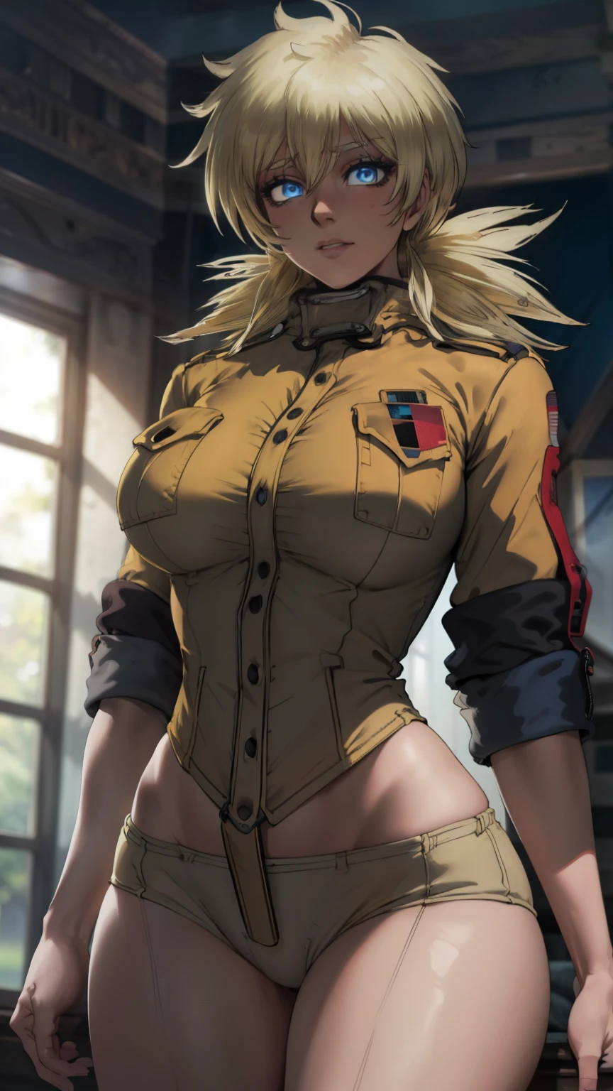 (masterpiece, highest quality, best quality, official art, beautiful and aesthetic: 1.2), (1girl), extremely detailed, (fractal art: 1.3), colorful, highest detailed, perfect face, upper body, HDR, ), vivid visual effects, (dynamic stripes, luminous traces: 1.2), long blonde hair, hellsing, integra, breast focus, breasts, large breasts, bare breasts, naked, nude, boob window, sexy, wide hips, thicc figure, Detailed blue eyes, Detailed face, Detailed eyes, jacket, open jacket, leather jacket 