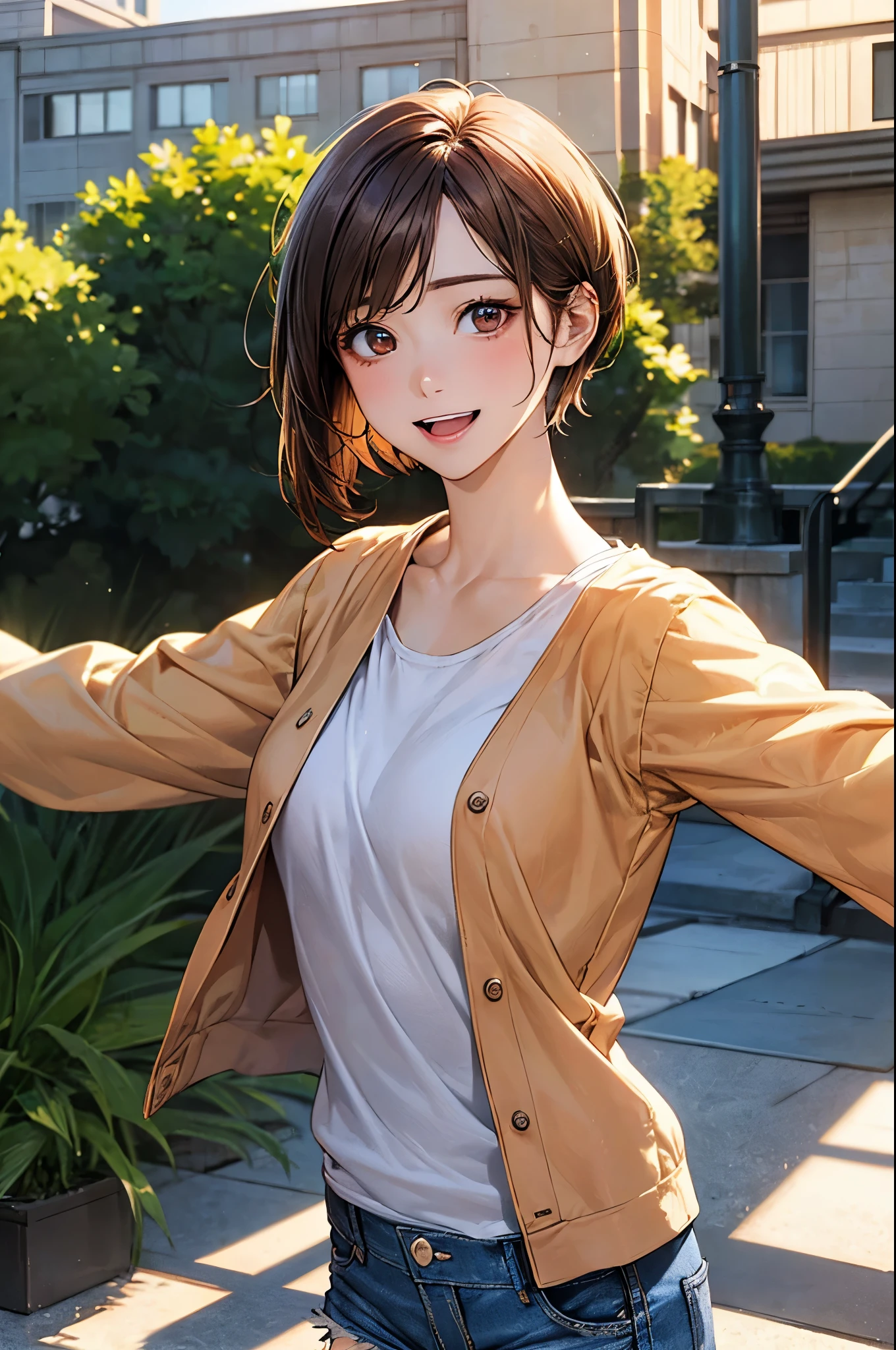 (masterpiece:1.2, top-quality), (realistic, photorealistic:1.4), beautiful illustration, (natural side lighting, movie lighting), nsfw,
looking at viewer, (face focus, upper body), front view:1.0, 1 girl, japanese, office lady, , perfect face, cute and symmetrical face, shiny skin,
(short hair, pixie cut hairstyle, flipped hair, brown hair), parted bangs, light brown eyes, long eye lasher, (medium breasts), slender,
beautiful hair, beautiful face, beautiful detailed eyes, beautiful clavicle, beautiful body, beautiful chest, beautiful thigh, beautiful legs, beautiful fingers,
((denim jacket, dark orange t-shirt, white tailored shorts)),
(beautiful scenery), evening, (outside park), standing, outstretched arms, (lovely smile, open mouth),