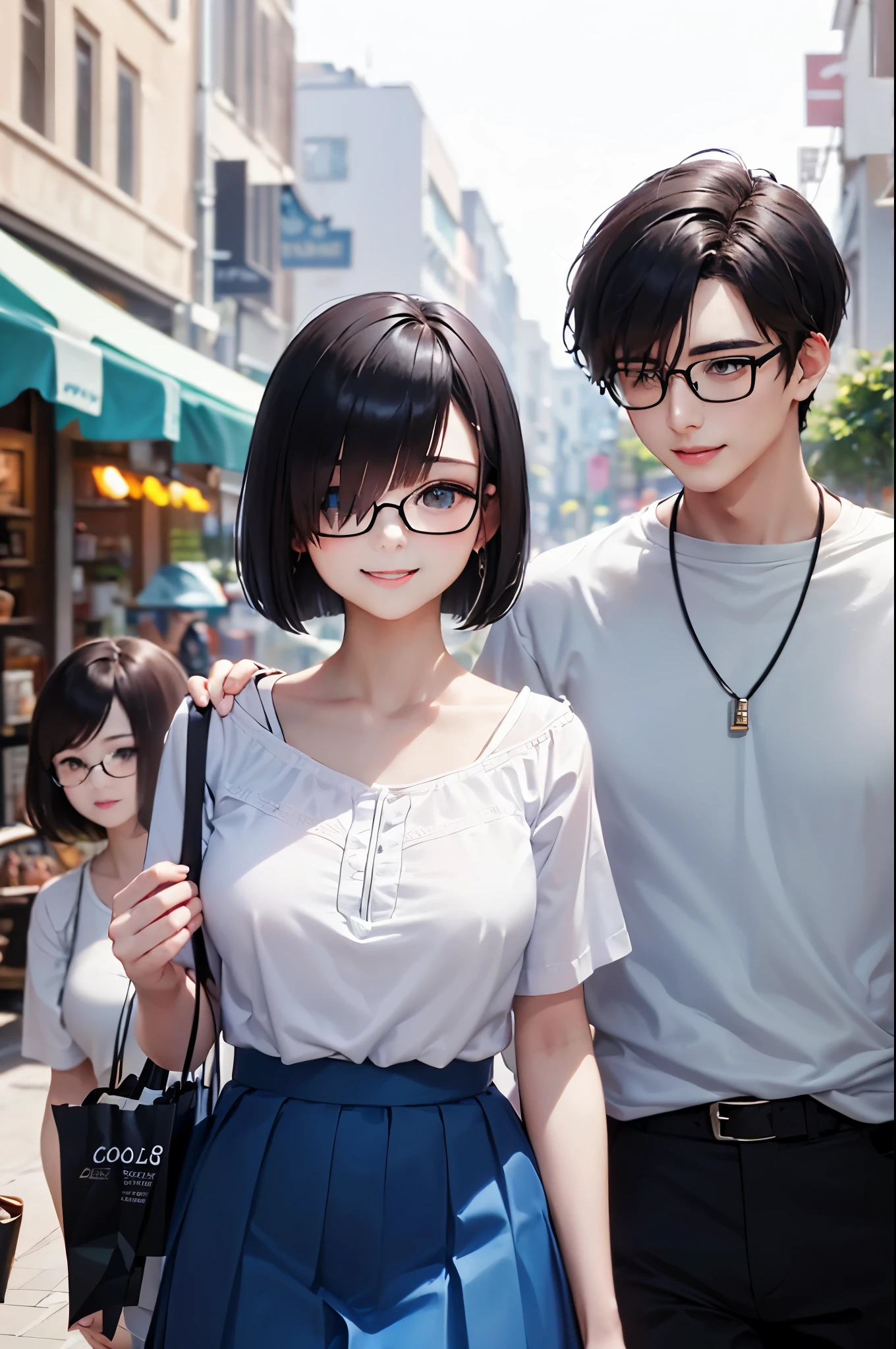 (masterpiece:1.5)、(highest quality:1.5)、(8K:1.2)、(Super detailed:1.2)、(realistic:1.2)、(ultra high resolution:1.2)、(Highly detailed and realistic skin:1.2)、(Very detailed and clean sharp eyes:1.2)、(on the shopping street:1.4)、(cool young man:1.5)、(Male and female couples in close contact:1.3)、break、(18 year old woman with slender figure:1.3)、(beautiful eyeliner)、(beautiful eyeshadow)、natural color lip、break、(blue short sleeve tunic blouse:1.4)、break、(white ruffle skirt:1.3)、break、(black glasses:1.3)、break、(Short black bob hair that covers one eye:1.3)、break、(medium beautiful breasts)、(Beautiful smile:1.2)