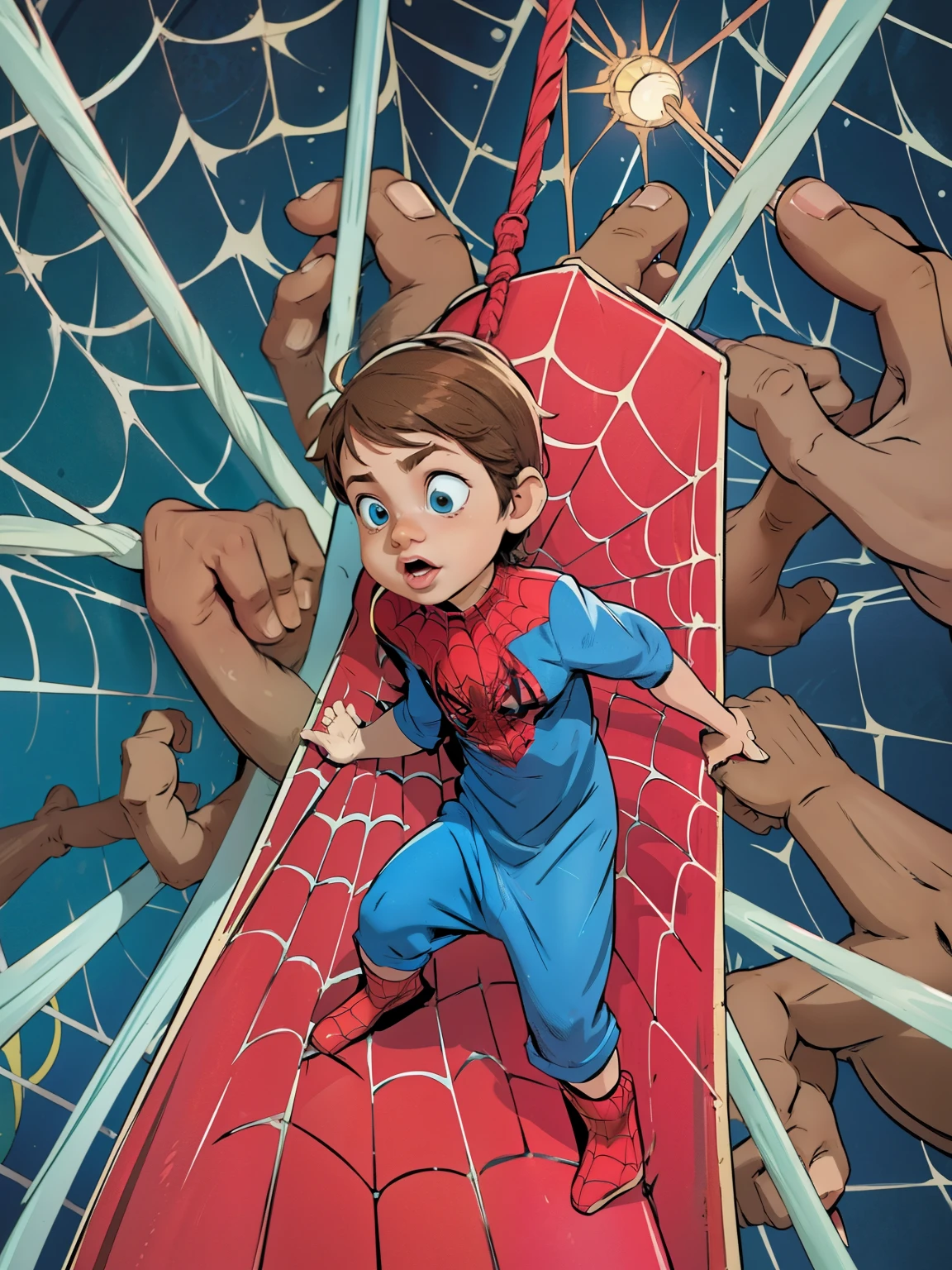 Cinematic Spider-Verse style. Comic art. TME0224 face, (((a , 3yo))), wring a spider-man costume. super hero in epic pose. (((Comic Spider-web background))). cinematic lighting, drop shadow, masterpiece, UHD, anatomically correct, textured skin, super detail, high details, high quality, best quality, 4K