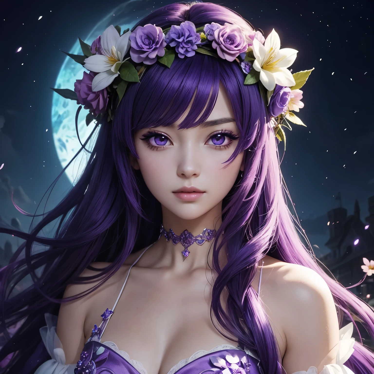 An anime beautiful powerful queen fairy with a flower crown and royal purple hair with midnight eyes