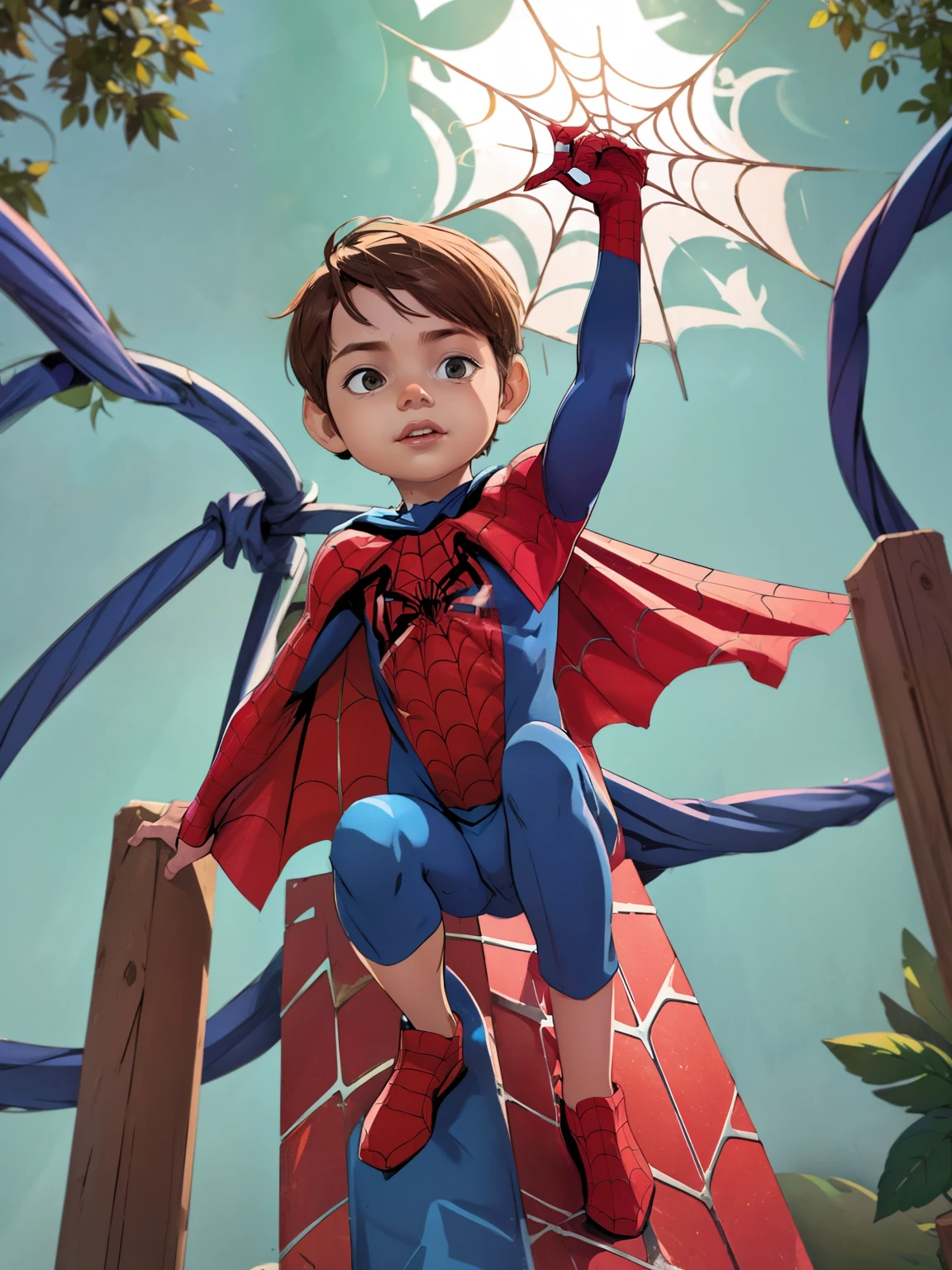 Cinematic Spider-Verse style. Comic art. TME0224 face, (((a baby boy, 3yo))), wearing a spider-man costume. super hero in epic pose. (((Comic Spider-web background))). cinematic lighting, drop shadow, masterpiece, UHD, anatomically correct, textured skin, super detail, high details, high quality, best quality, 4K