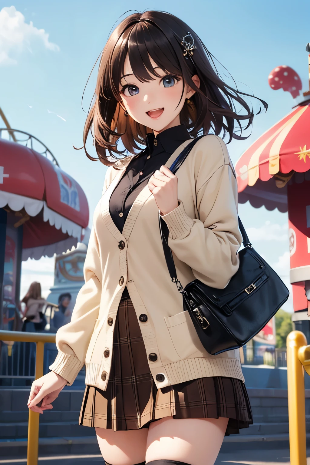 very cute and beautiful girl in amusement park ride,(highly detailed beautiful face and eyes),(white blouse),
laugh,happy,(beige cardigan:1.2) BREAK zettai ryouiki,(plaid brown mini skirt:1.2),
dynamic angle,hair ornament,black hair,(black shoulder bag),(black boots),
(best quality,masterpiece:1.2),(intricate details),extremely detailed,highres,ultra-detailed,solo,
natural lighting,hair fluttering in the wind,beautiful detailed sky,