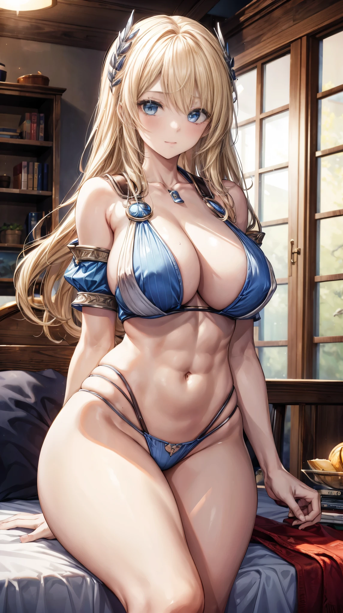 sensual, long blonde hair, thick thighs, 8K, 4K, highest quality, High resolution:1.2), cute anime face, noise reduction, shining blue eyes, gentle smile, gentle eyes、toned abdominal muscles, muscular arms, muscular legs,  young face, anime eyes, (((big breasts、A chest that is about to burst)))、Sophitia Alexandra、Equipped with sword and shield