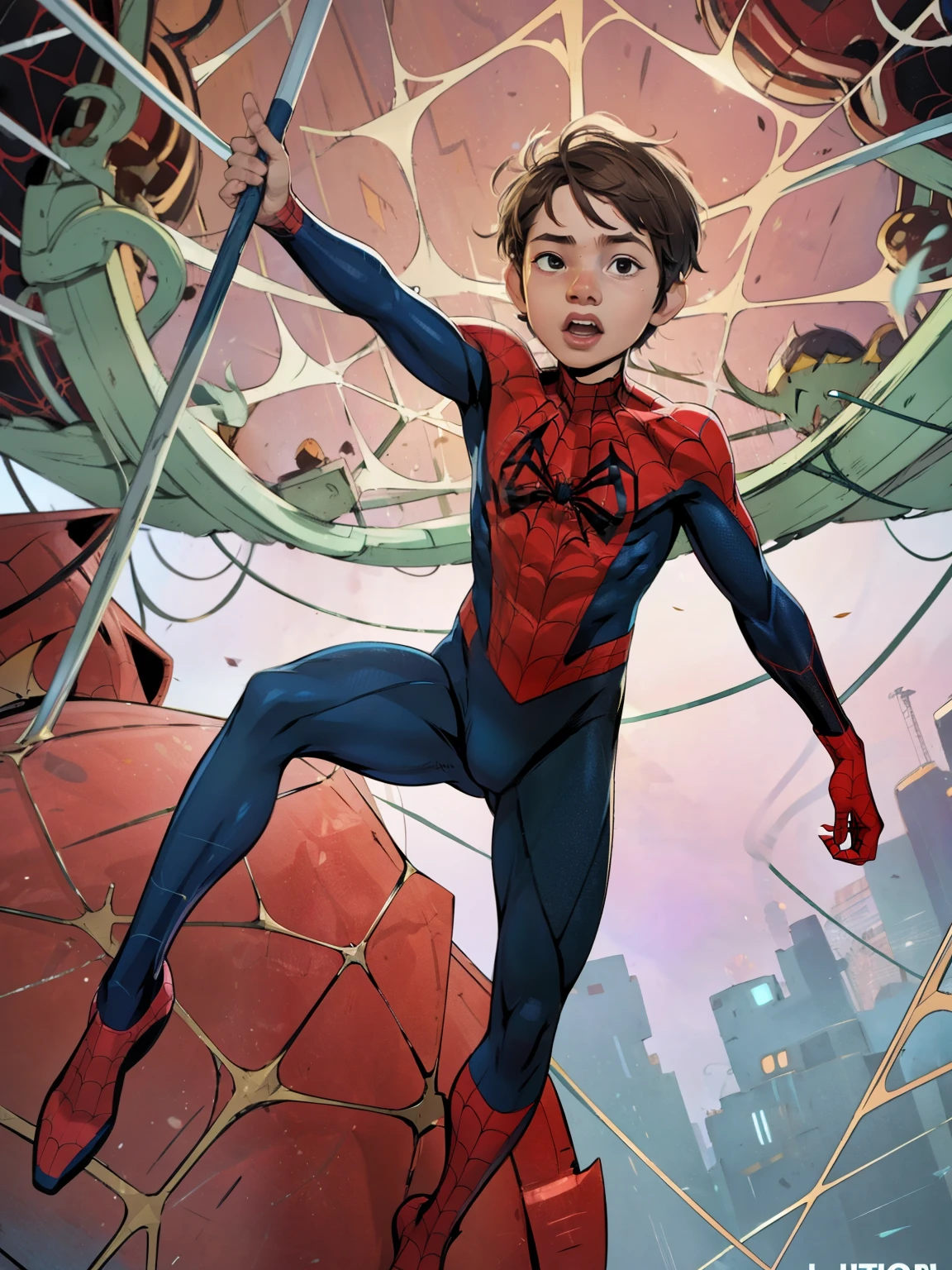 Cinematic Spider-Verse style. Comic art. TME0224 face, (((a baby boy, ***))), wearing a spider-man costume. super hero in epic pose. (((Comic Spider-web background))). cinematic lighting, drop shadow, masterpiece, UHD, anatomically correct, textured skin, super detail, high details, high quality, best quality, 4K