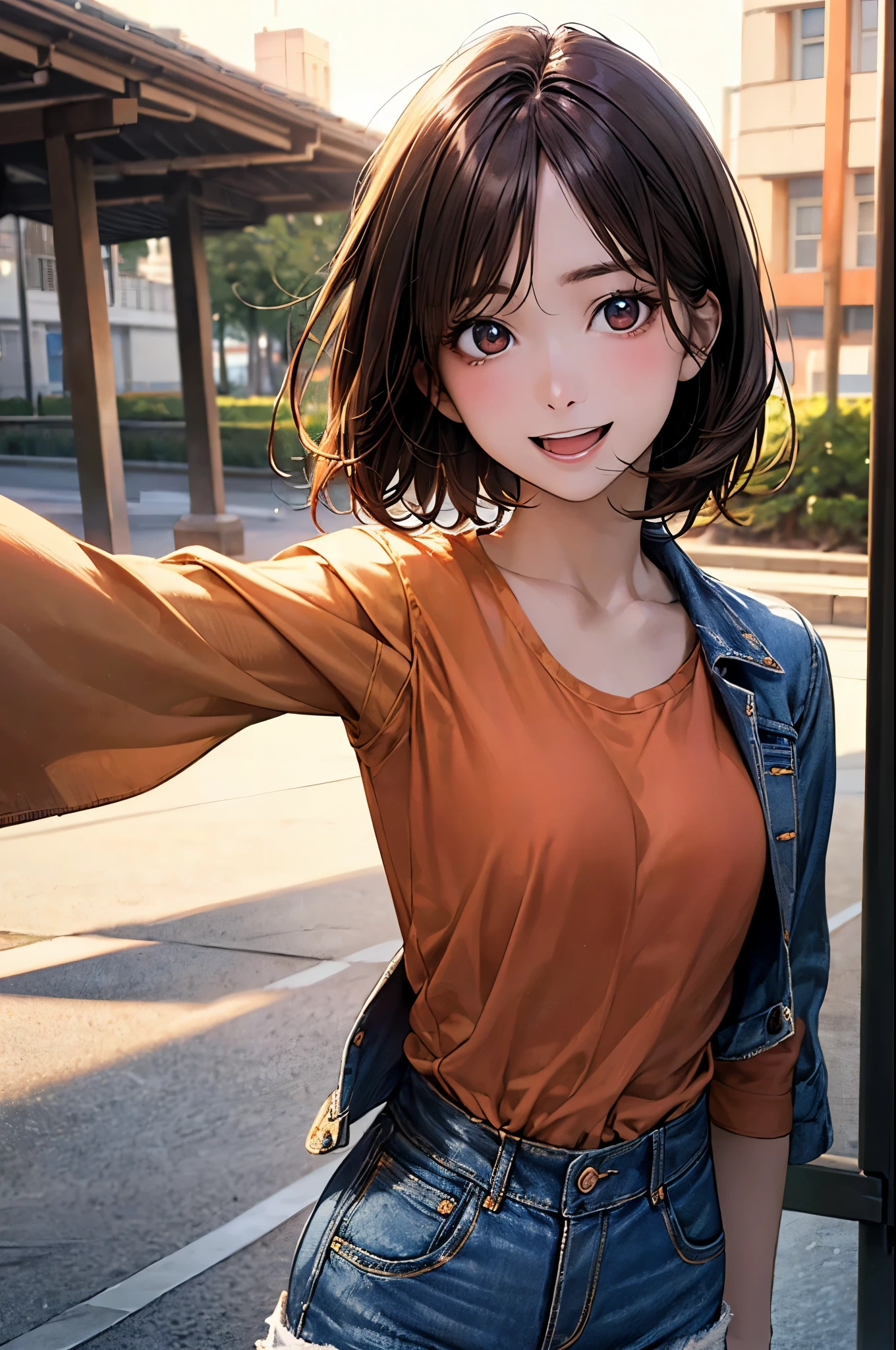 (masterpiece:1.2, top-quality), (realistic, photorealistic:1.4), beautiful illustration, (natural side lighting, movie lighting), nsfw, 
looking at viewer, (face focus, upper body), front view:1.0, 1 girl, japanese, office lady, 17 years old, perfect face, cute and symmetrical face, shiny skin, 
(short hair, pixie cut hairstyle, flipped hair, brown hair), parted bangs, light brown eyes, long eye lasher, (medium breasts), slender, 
beautiful hair, beautiful face, beautiful detailed eyes, beautiful clavicle, beautiful body, beautiful chest, beautiful thigh, beautiful legs, beautiful fingers, 
((denim jacket, dark orange t-shirt, white tailored shorts)), 
(beautiful scenery), evening, (outside park), standing, outstretched arms, (lovely smile, open mouth),