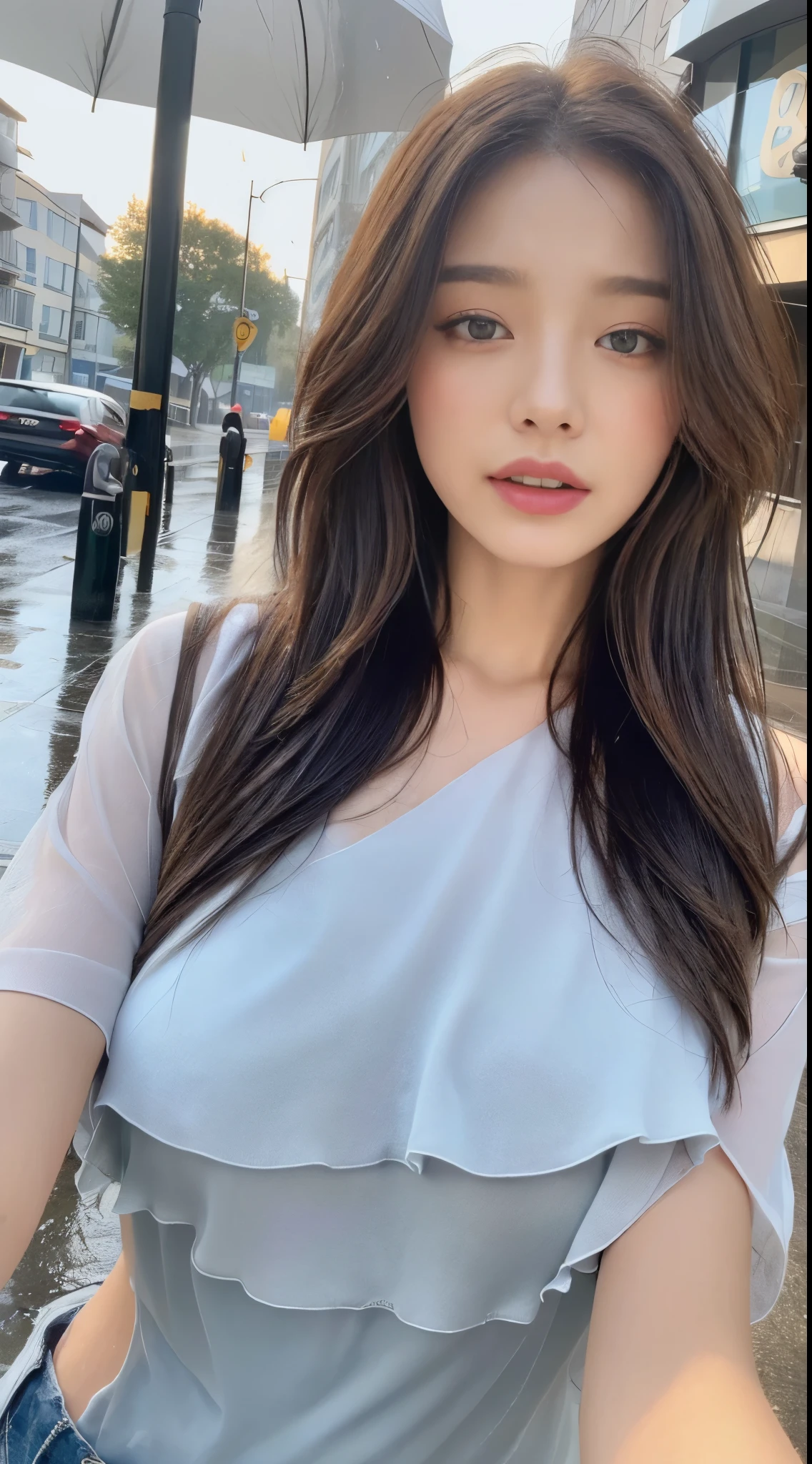 ((best quality, 8k, masterpiece:1.3)), focus: 1.2, perfect body beauty: 1.4, buttocks: 1.2, ((layered hairstyle, : 1.2)), (wet clothes: 1.1) , (rain, street:1.3), tube top dress: 1.1, Highly detailed face and skin textures, exquisite eyes, double eyelids, skin whitening, long hair