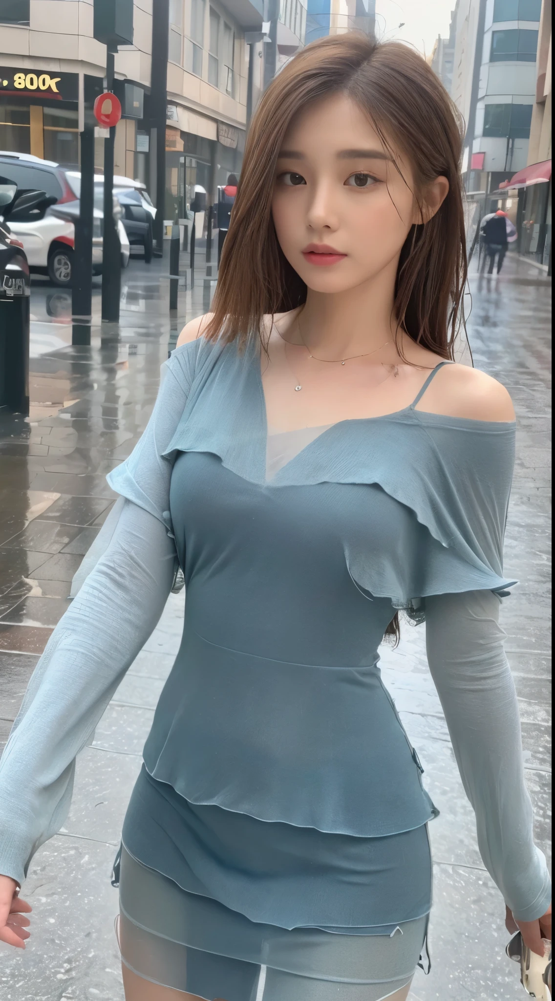 ((Best Quality, 8k, Masterpiece:1.3)), Focus:1.2, Perfect Body Beauty:1.4, Buttocks:1.2, ((Long Hair)), (Wet Clothes:1.1) , (Rain, Street:1.3), Bandeau Dress: 1.1, Highly detailed face and skin texture, Detailed eyes, Double eyelids, Buttocks, Whitened skin, smile