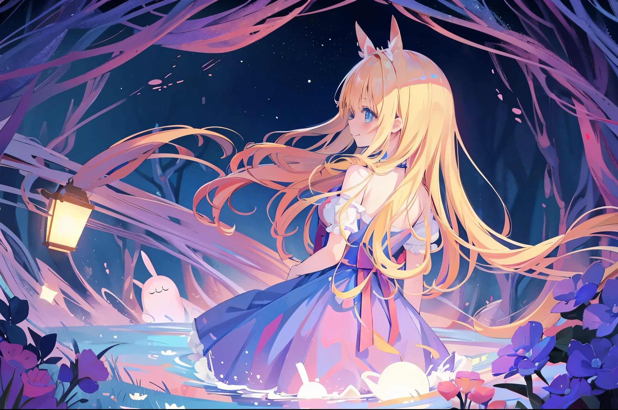 absurd, High resolution, (anime style:1.1),  ((highest quality)), (Super detailed), 12 year old girl、alice in wonderland、cute、blue ribbon on head、masterpiece、best image quality、alice in wonderlandのコスチューム、alice in wonderlandの背景、colorful long blonde hair、colorful eyes、(high angle)、不気味なalice in wonderlandの森の奥、crazy smile、Spooky Monsters、psychopath、from the back、hide in a cemetery、zombie、ghost、One point mesh