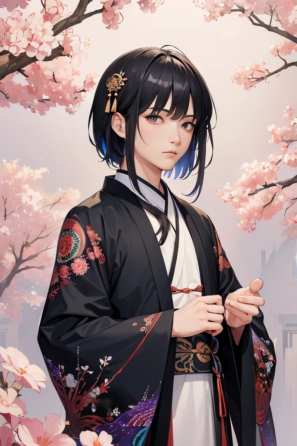 (masterpiece, top quality, best quality, official art, cool and aesthetic:1.2), (1boy),(hanfu suit),(Long 4/6 Bangs Hair),extreme detailed,(fractal art:1.3),colorful,highest detailed