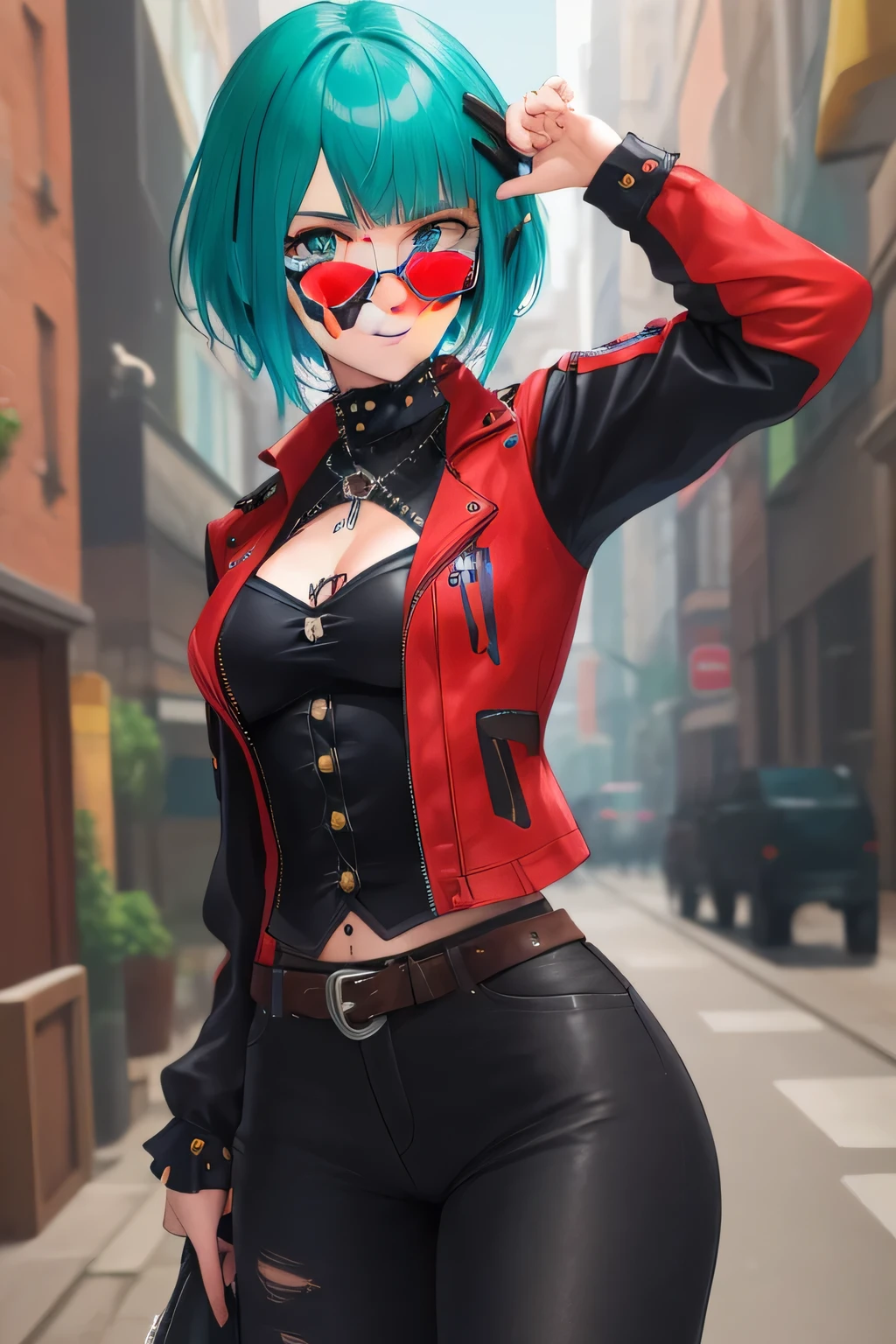  cinematic lights 、 best quality, Cyberpunk World、1 female、( beautiful 20-year-old woman 、  Beautiful Facial Features with Attention to Details 、 Medium Hair の black hair、 shoulder-length hair 、 messy hair、 blue eyes、Glasses:1.4)break, Medium Hair 、（ black hair、Glasses:1.5）
break
((Dark Leather Rebellion ) theme), ( Full Leather Look 、 Fitted Red Leather Jacket , Leather pants,  and Chunky Boots :1.1),（ Asymmetric Shirt :1.5） ( Wear silver chain accessories and studded leather belt:1.3),
break.
（On the evening after the rain 、I can see the sunset、 Where Futuristic Buildings Can Be Seen in the Distance ）break（ Portrait Angle ）