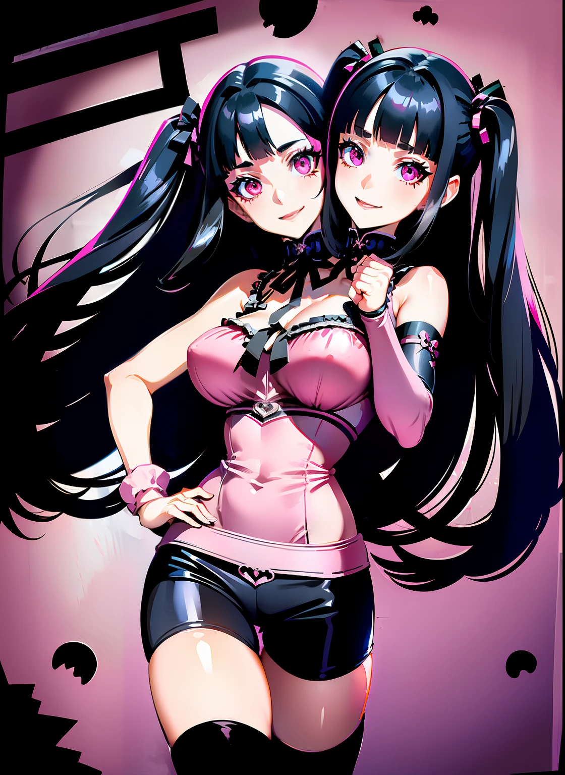 (Twoheads), (masterpiece, best resolution), (2heads:1.5), 1girl,solo,black hair,smile,breasts,ribbon,long hair,two side up,hair ribbon,pink eyes,twintails,medium breasts,looking at viewer,bangs,blunt bangs,lipstick,(gothic background:1.2),(bike shorts :1.2),(Standing with one hand over the heart :1), conjoined