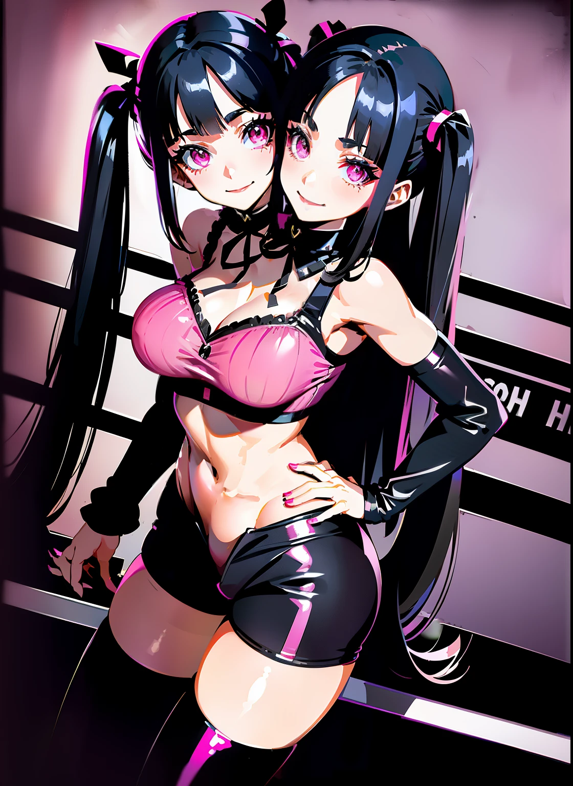 (Twoheads), (masterpiece, best resolution), (2heads:1.5), 1girl,solo,black hair,smile,breasts,ribbon,long hair,two side up,hair ribbon,pink eyes,twintails,medium breasts,looking at viewer,bangs,blunt bangs,lipstick,(gothic background:1.2),(bike shorts :1.2),(Standing with one hand over the heart :1), conjoined