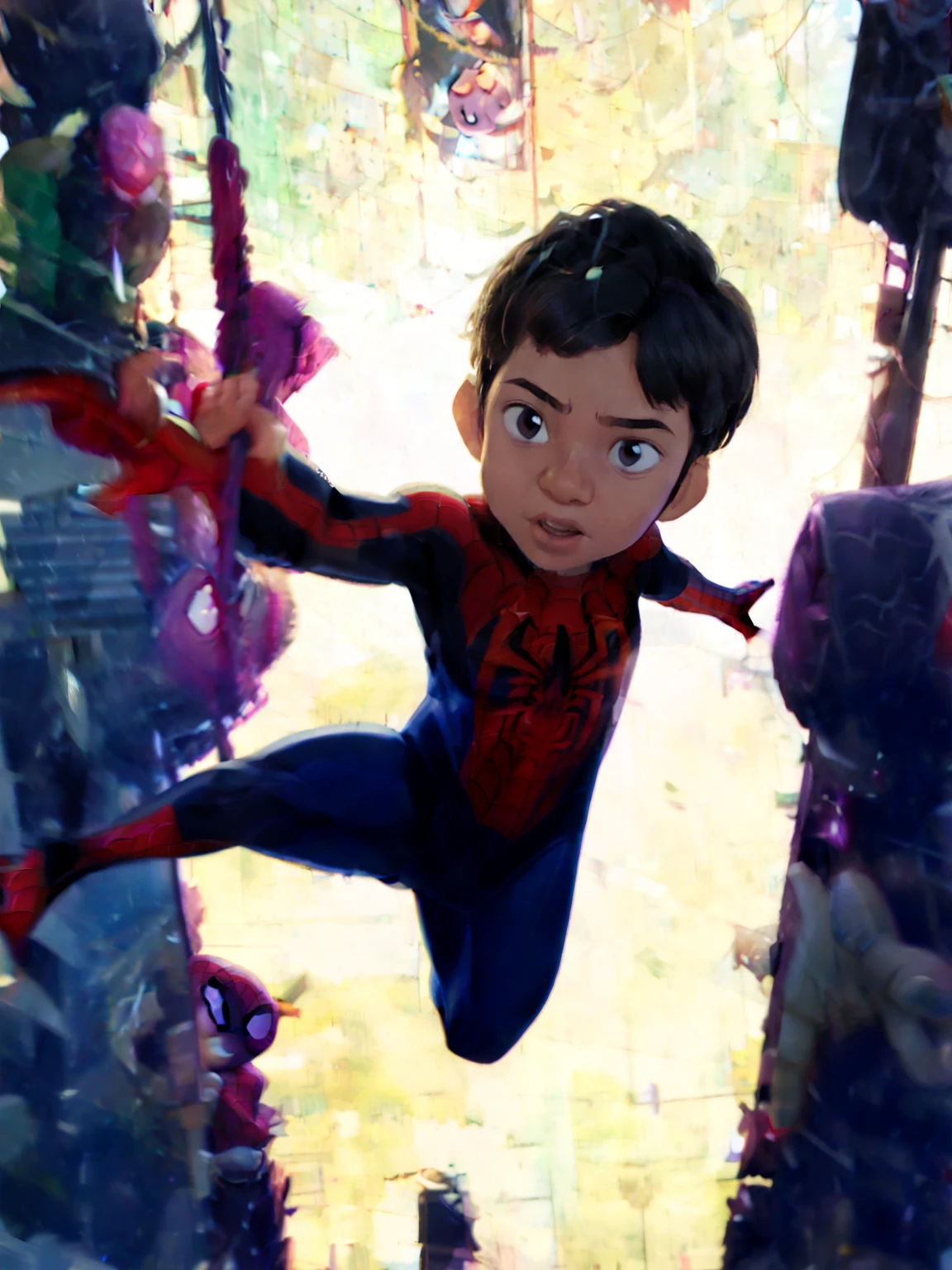 Cinematic Spider-Verse style. Comic art. TME0224 face, (((a , 3yo))), wring a spider-man costume. super hero in epic pose. (((Comic Spider-web background))). cinematic lighting, drop shadow, masterpiece, UHD, anatomically correct, textured skin, super detail, high details, high quality, best quality, 4K